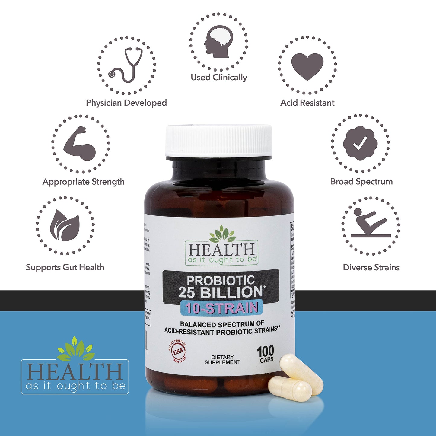 Health As It Ought To Be Probiotic 25 Billion CFUs 10 Strain Capsules 100 Count