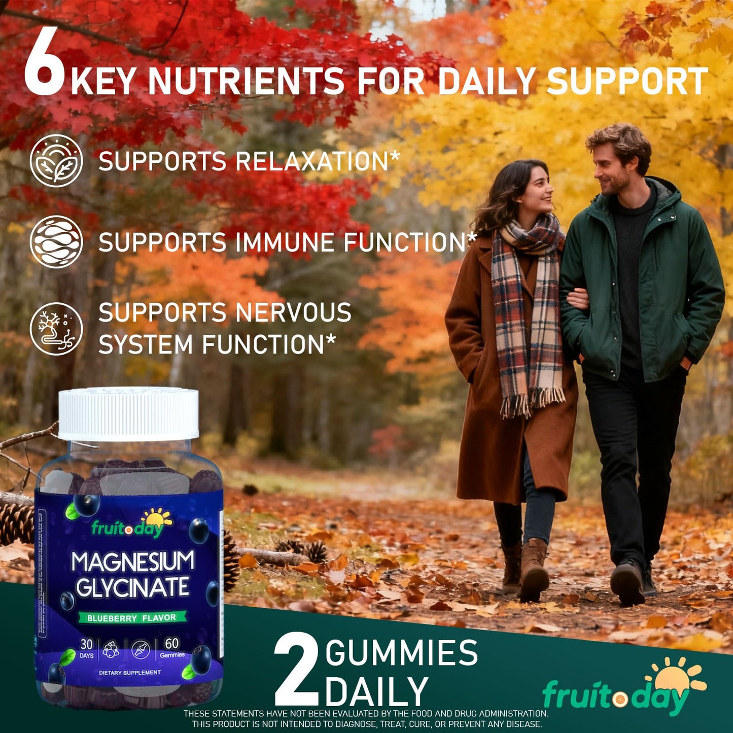 Fruitoday Magnesium Glycinate Gummies for Adults with Vitamin D3 & B6, Blueberry Flavor, 60 Count