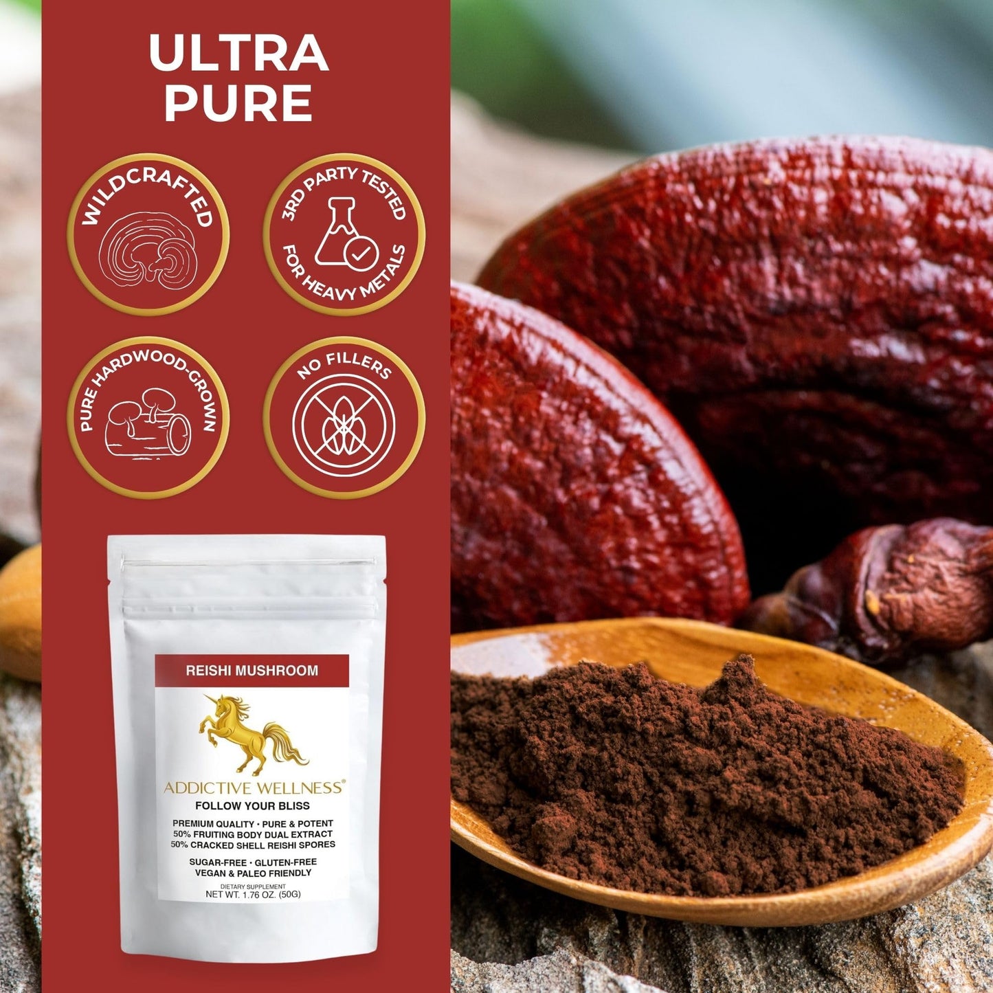 Addictive Wellness Reishi Mushroom Extract Powder + Spores (50/50 Blend) Wood Grown Pure & Potent Wildcrafted Ganoderma, 1.76 oz