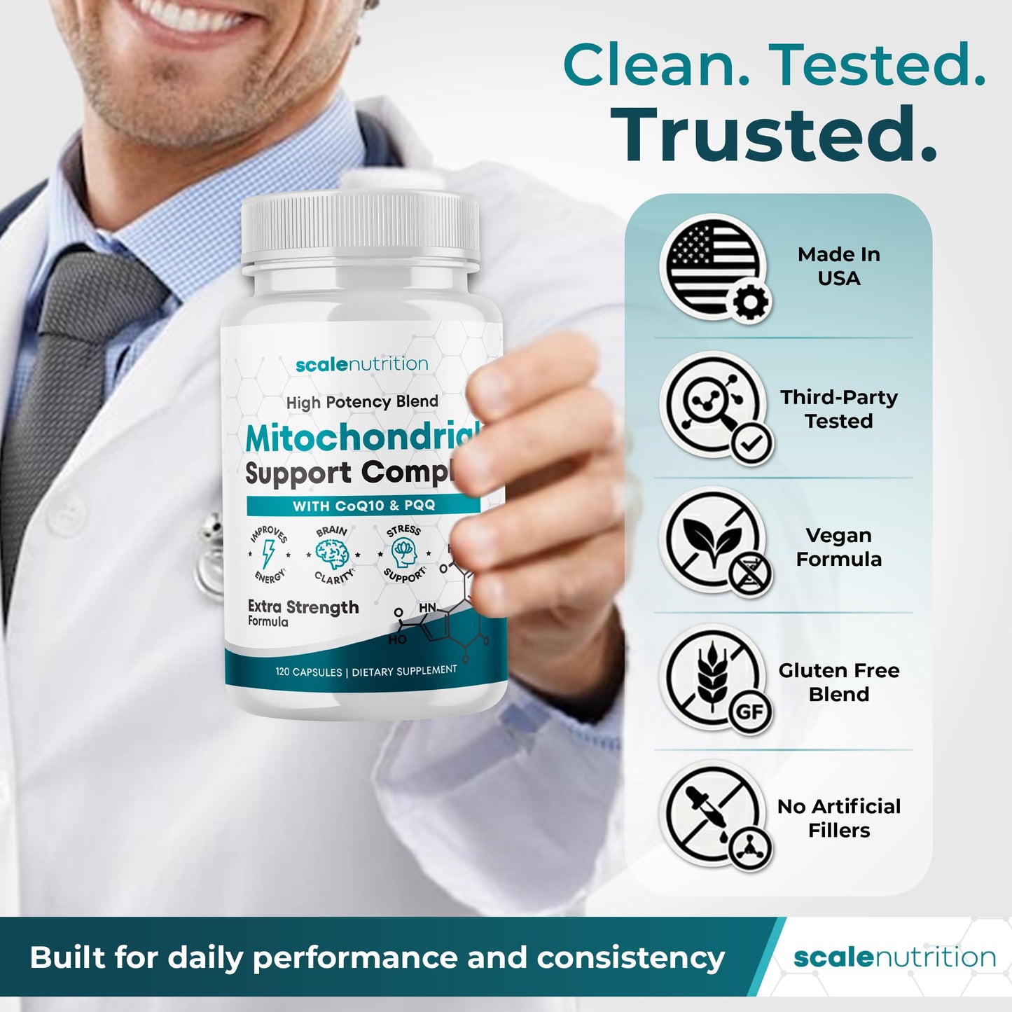 Scale Nutrition Mitochondrial Support Complex – Energy, Focus & Brain Clarity Support – CoQ10, PQQ, Acetyl-L-Carnitine – Cellular Energy & Stress Support Supplement Capsules 120