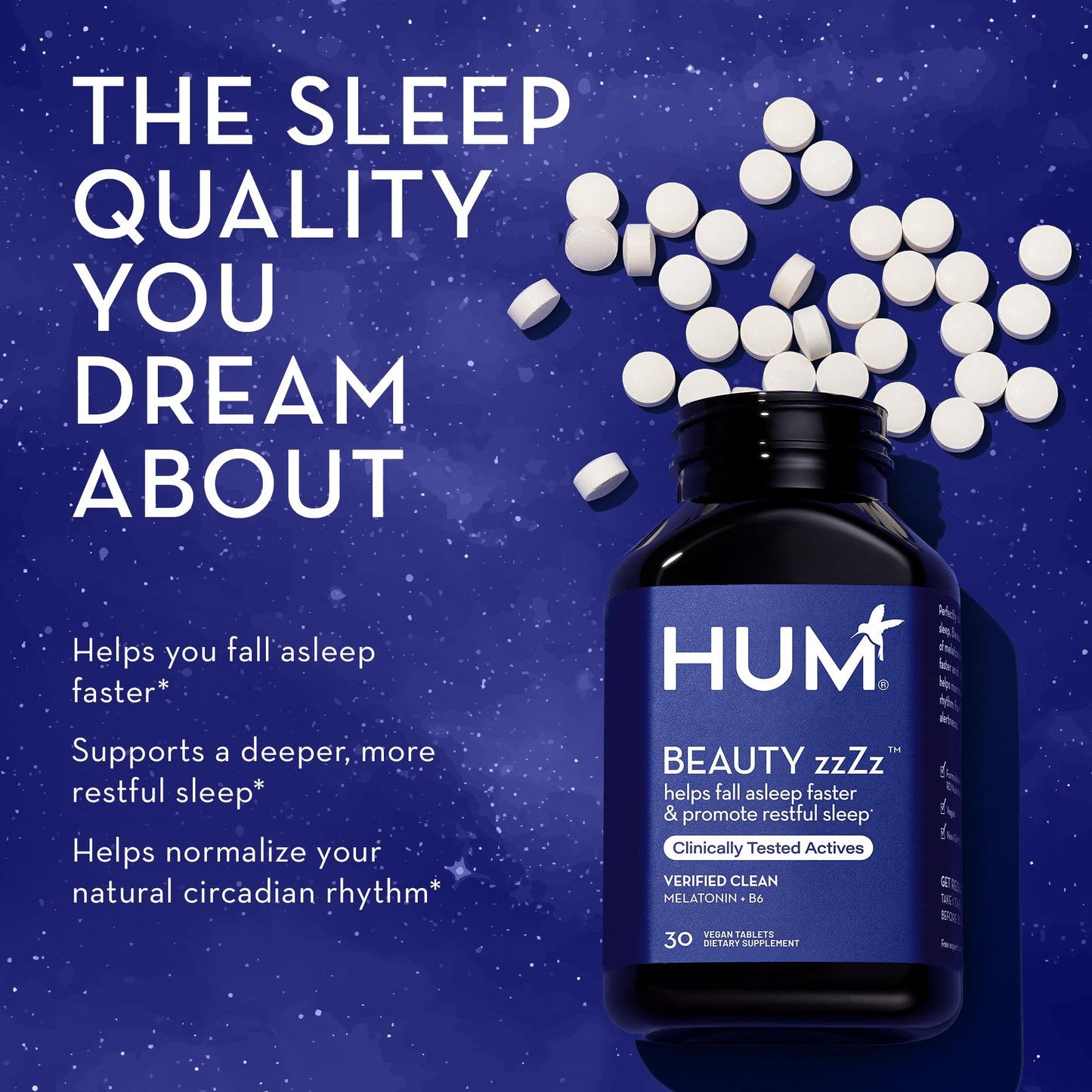 HUM Beauty zzZz Melatonin Sleep Supplement for Adults 30 Tablets