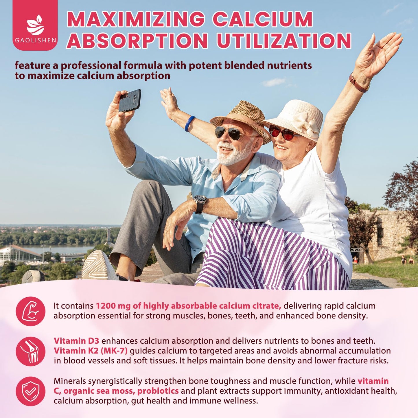 GAOLISHEN Calcium Citrate 1200 mg Gummies with Vitamin D3, K2, Magnesium, Zinc for Bone, Muscle & Immune Support, Sugar Free, 60 Gummies