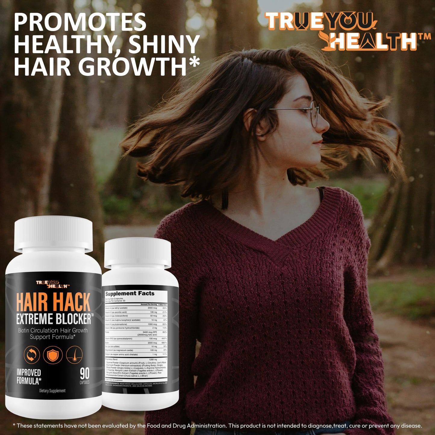 True You Health Hair Hack Extreme Blocker Hair Growth Supplement Capsules, 90 Count