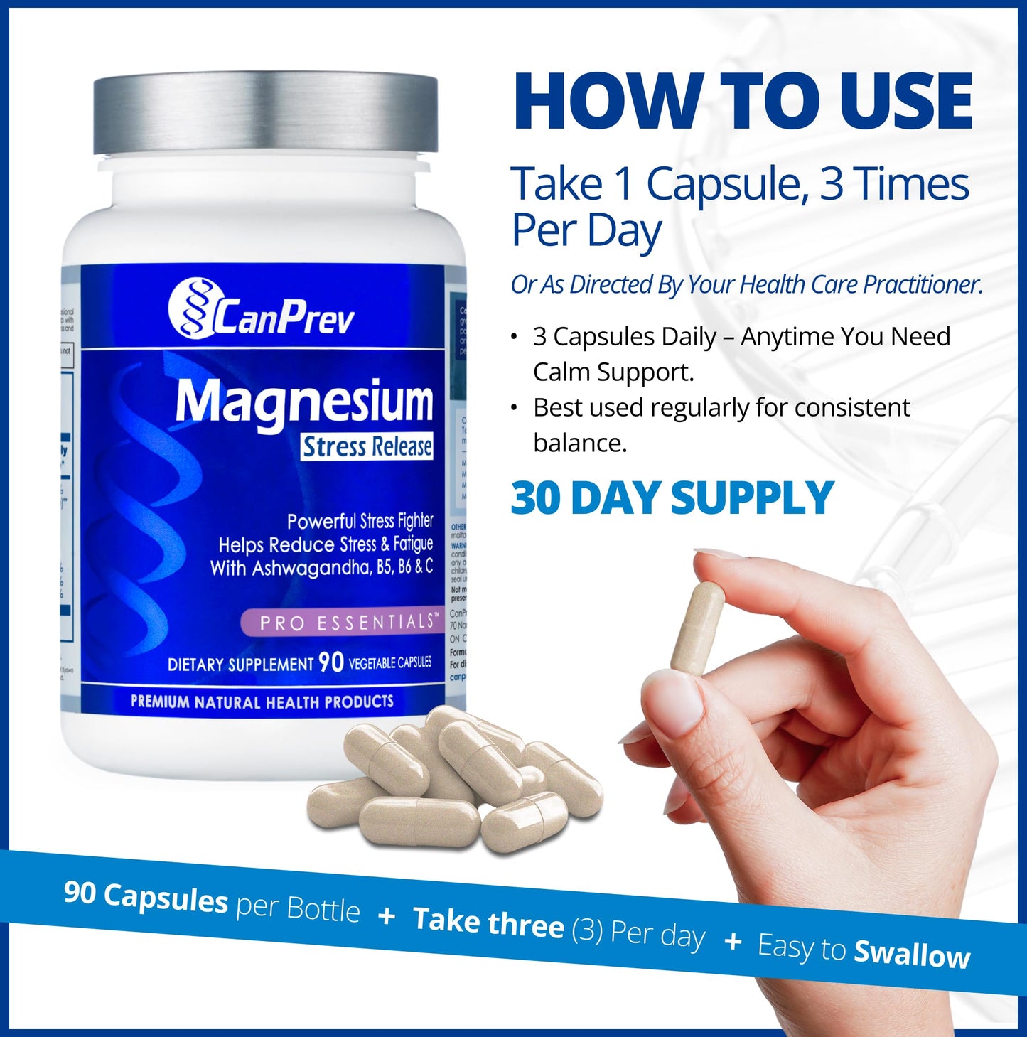 CanPrev Magnesium Bisglycinate with Ashwagandha, B5, B6 & Vitamin C Capsules, 90 Count