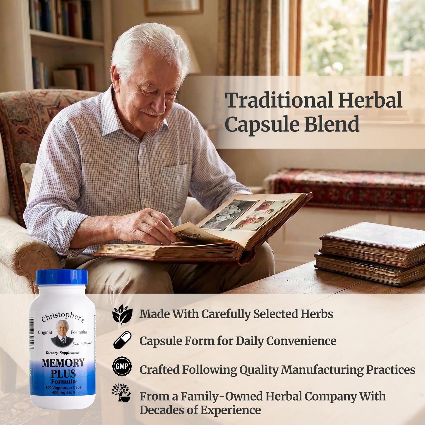 Christopher's Original Formulas Memory Plus Herbal Blend - Brain Supplements for Memory & Focus - Supports Cognitive Function, Energy, & Alertness Capsule 100