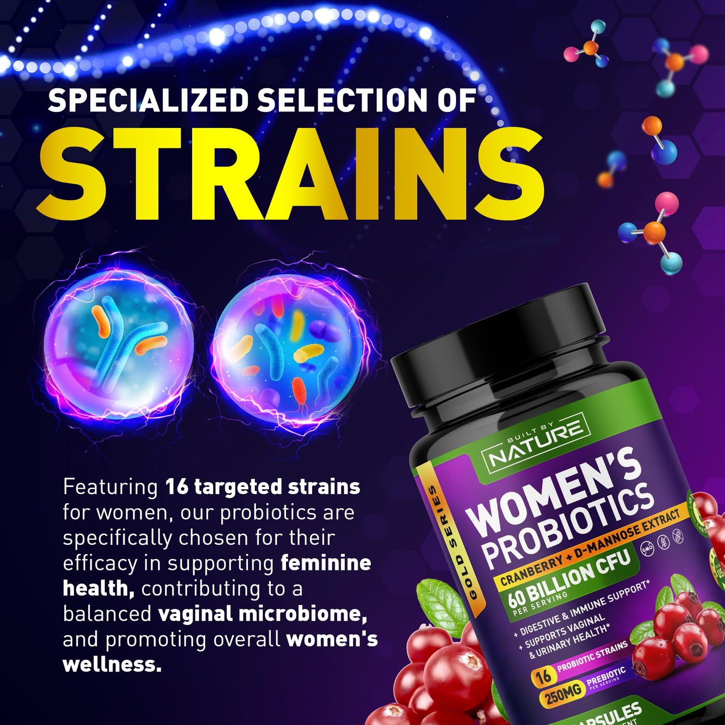 Built by Nature Probiotics for Women 60 Billion CFUs, 16 Strains, with Cranberry, D-Mannose & Prebiotics, 60 Veggie Capsules