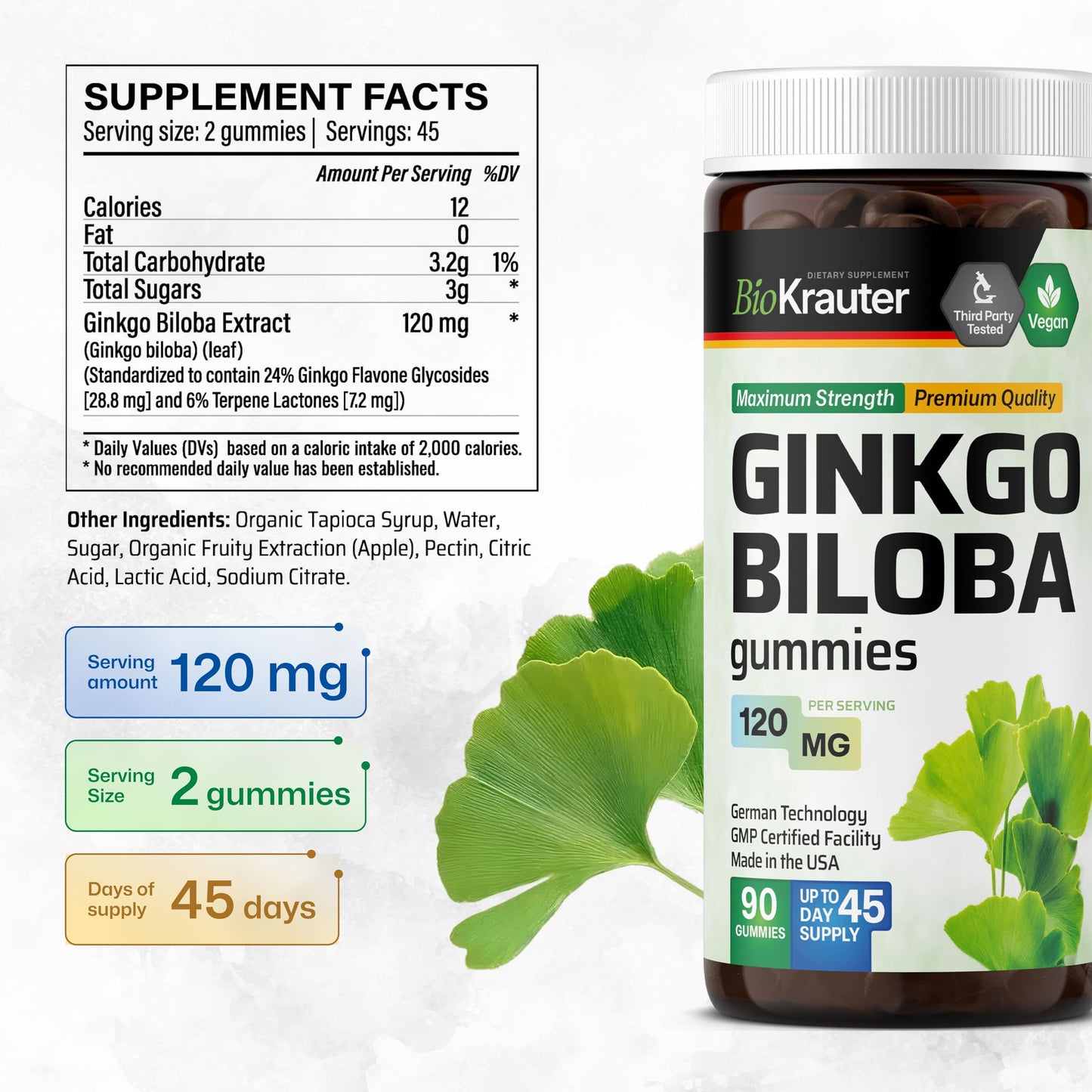 BIO KRAUTER Ginkgo Biloba Gummies for Brain Support, 90 Count