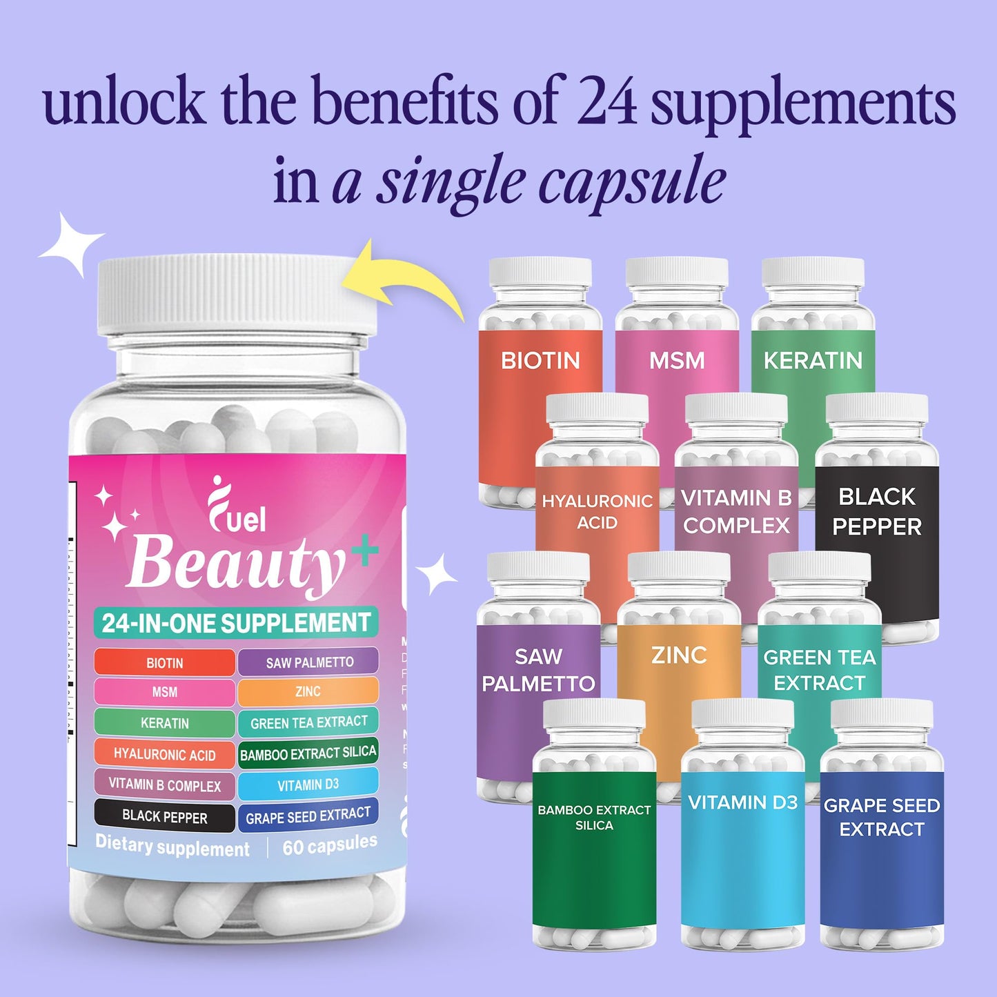Fuel Beauty+ 24-in-1 Hair, Skin & Nails Vitamins for Women Capsules 60 Count