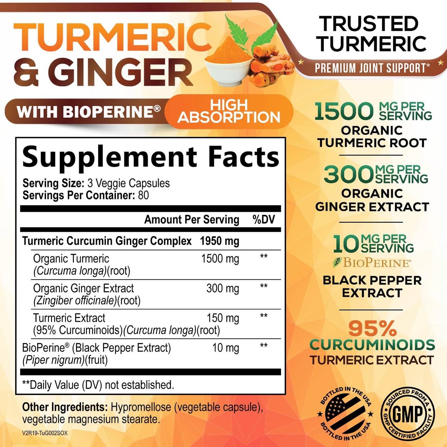 Nature's Nutrition Turmeric Curcumin Supplement 95% Curcuminoids with Organic Turmeric & Ginger, BioPerine Black Pepper Extract for Absorption, Natural Vegan Joint Support, Non-GMO, 240 Capsules
