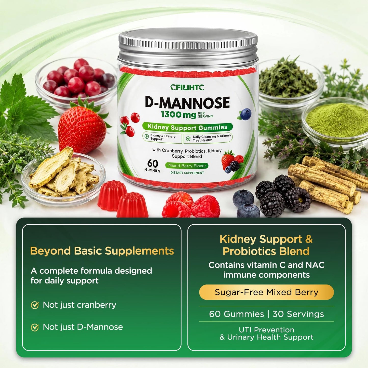 CFILIHTC D-Mannose Cranberry Gummies with Probiotics, 60 Count