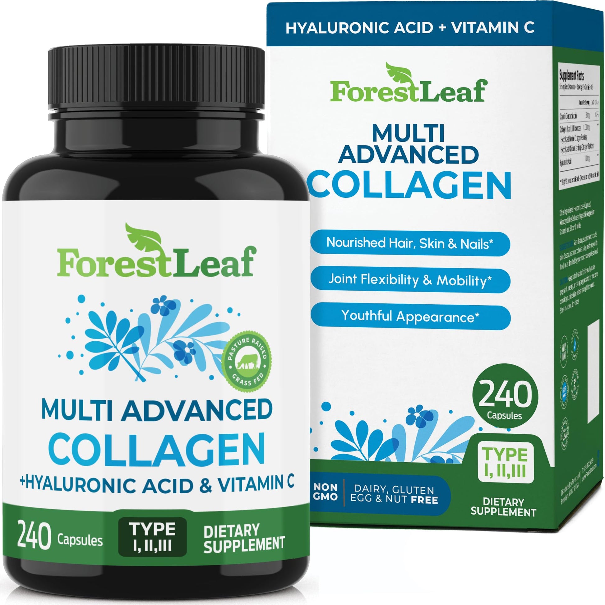 ForestLeaf Hydrolyzed Multi Collagen Capsules with Vitamin C & Hyaluronic Acid for Hair, Skin & Nails, 240 Capsules