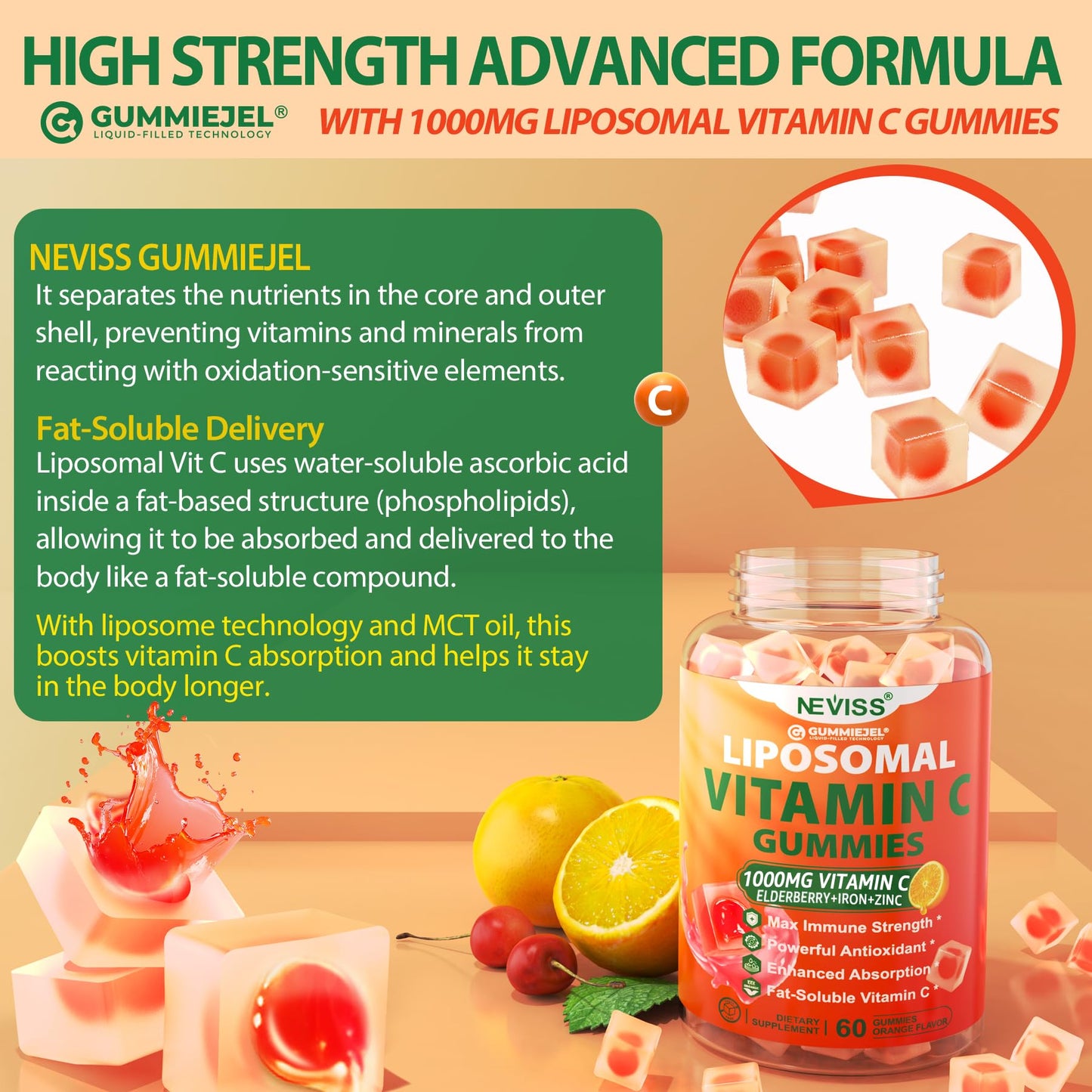 Liposomal Vitamin C 1000mg Gummies for Adults - Vitamin C Chewable 1500mg with 8mg Iron, Zinc & Elderberry - Immune Support, Immune Booster Supplement - for Energy, Collagen Booster, 2Pack Sugar Free