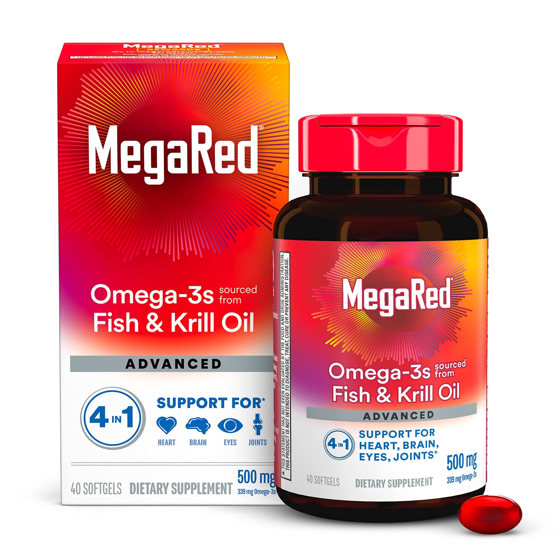 MegaRed Advanced 4in1 Omega-3 Fish Oil + High Absorption Krill Oil 500mg, Concentrated Omega-3 Fish & Krill Oil Supplement for Heart, Joints, Brain & Eyes Softgels 40 Count