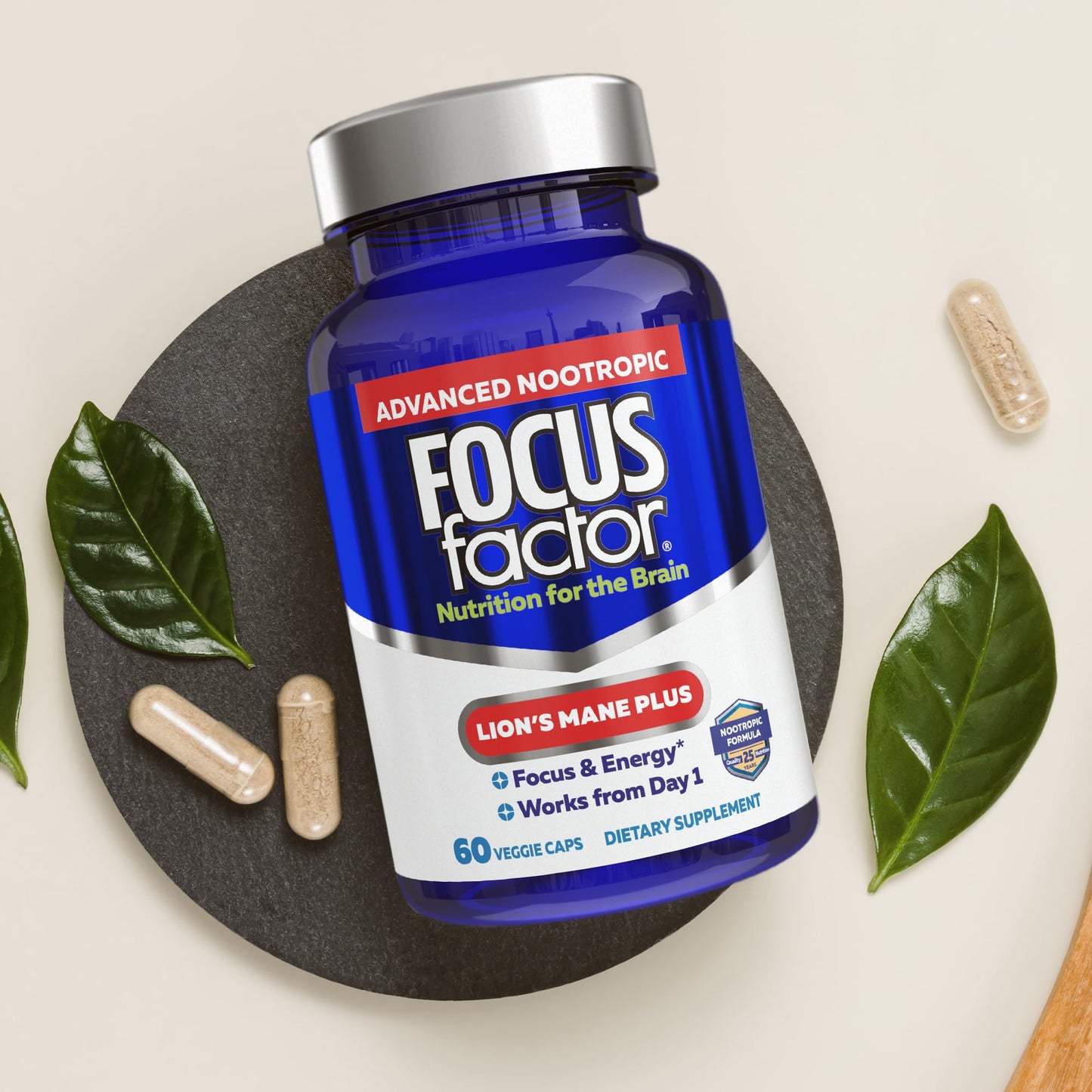 Focus Factor Lions Mane Plus, Advanced Nootropic with L-Theanine, Caffeine, Focus and Energy Capsules 60 Count