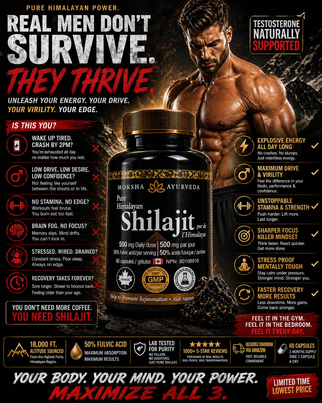 Greystone Tea Natural Testosterone Support Shilajit Ultra Gold 60 Capsules
