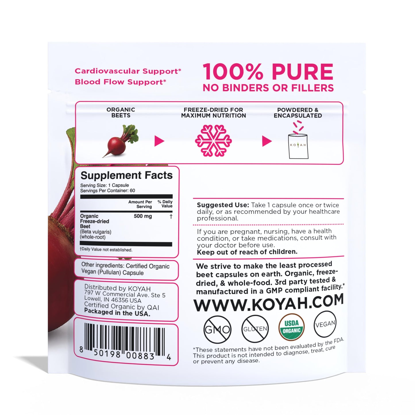 KOYAH Organic Beet Capsules, Freeze-Dried, 60 Capsules