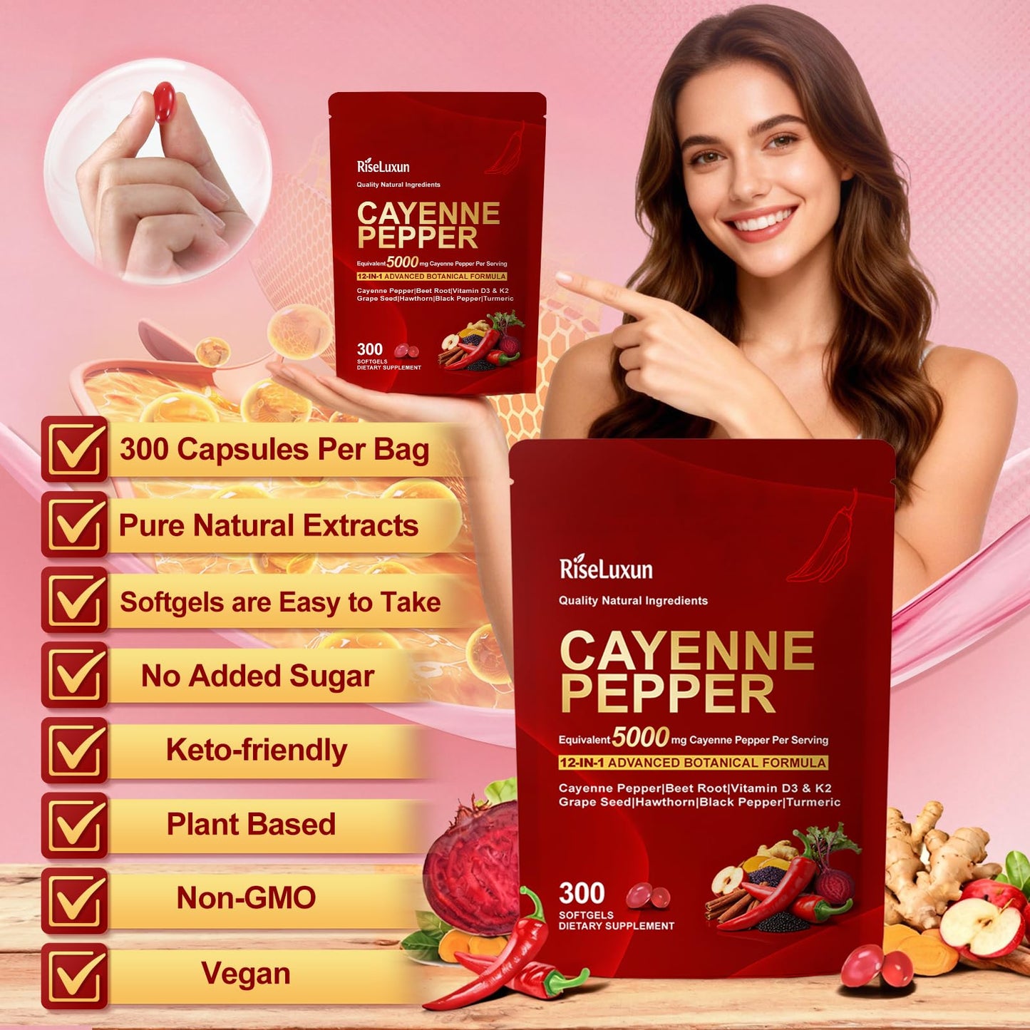 RiseLuxun Cayenne Pepper Softgels Capsule, 300 Count