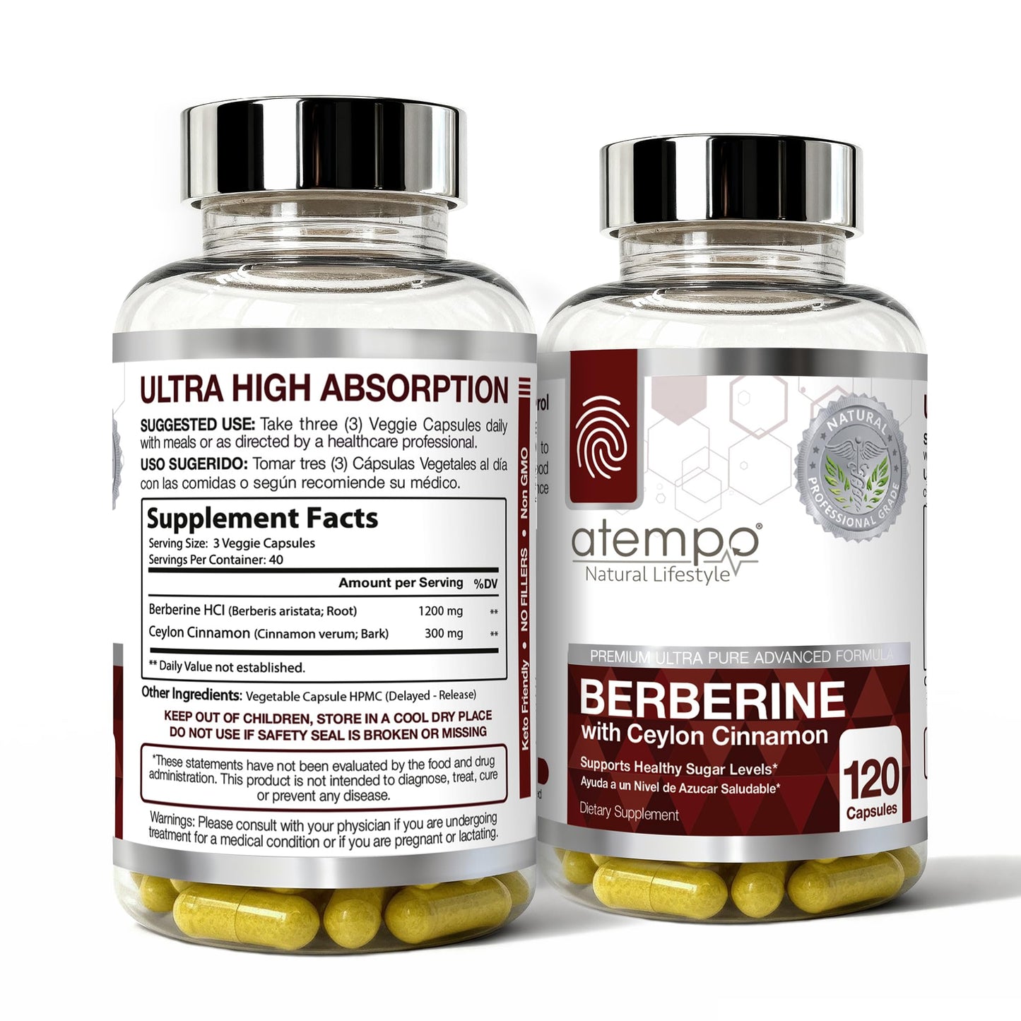 ATEMPO NATURAL LIFESTYLE Berberine Supplement with Ceylon Cinnamon HCL 1500mg Natural Berberine Extract for Metabolic Support & Overall Wellness 120 Capsules