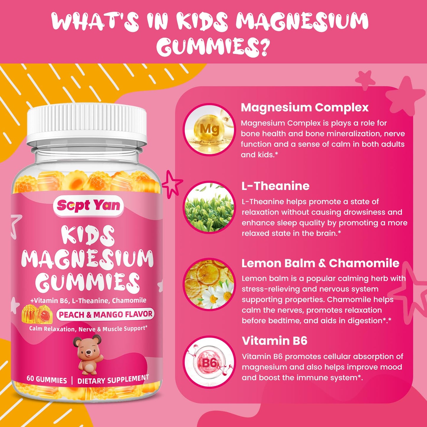 SEPT YAN Kids Magnesium Glycinate Gummies, 60 Count