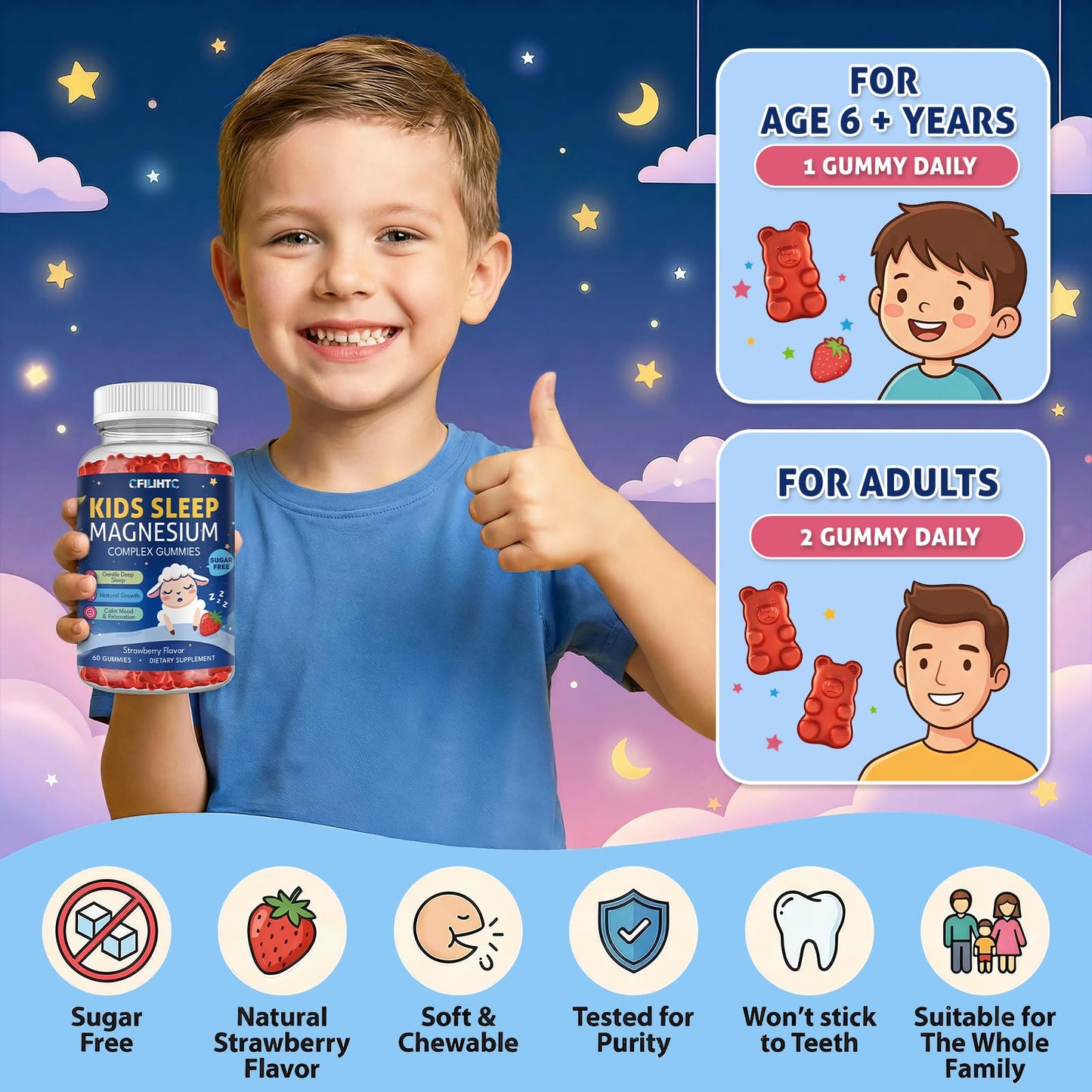 CFILIHTC Magnesium Gummies for Kids, Magnesium Glycinate Gummies with Chamomile, Lemon Balm, Calcium, Vitamin B6, D3 for Kids & Adults Sleep, Growth, Calm & Relaxation, Sugar Free, Strawberry Flavor, 120 Gummies