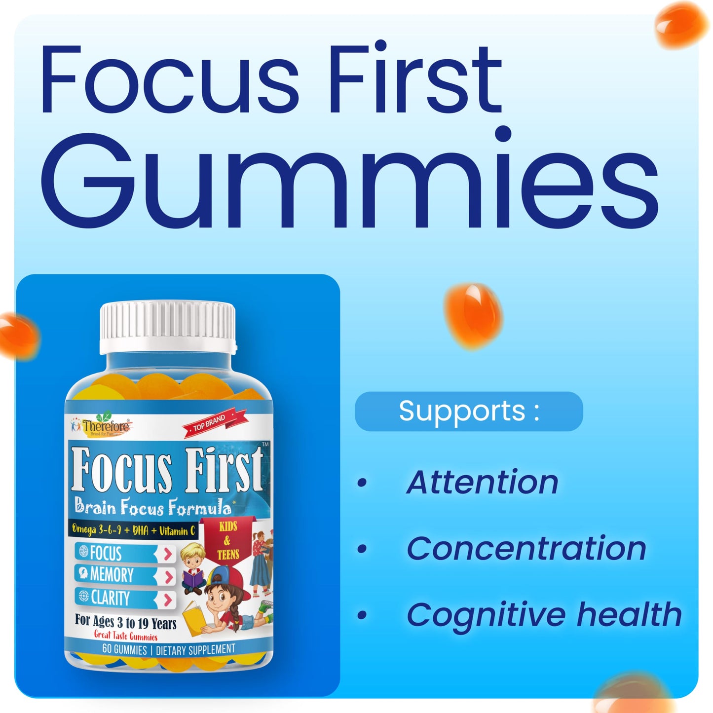 Therefore Focus Gummies for Kids & Teens Omega-3 DHA for Memory, Concentration and Attention, 60 Gummies