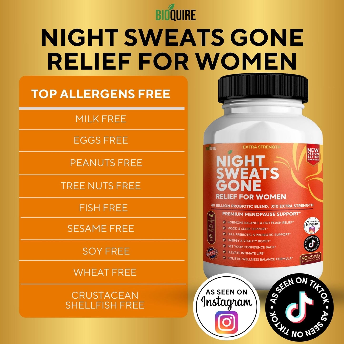 BIOQUIRE Night Sweats Gone - Menopause Relief for Women, 90 Capsules