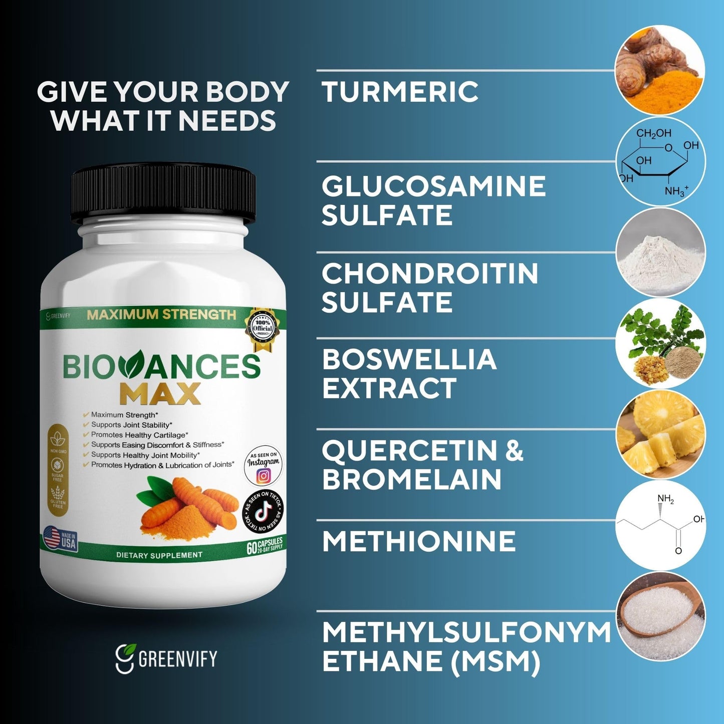 GREENVIFY Bioances Max Joint Support Supplement Glucosamine (3) 60 Capsules
