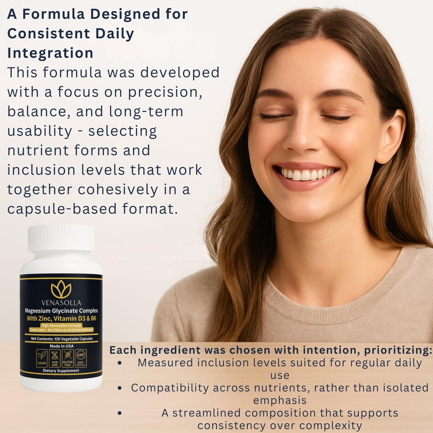 Venasolla Magnesium Glycinate Complex 4-in-1 Chelated Magnesium Bisglycinate (150 mg Elemental) with Zinc Picolinate, Vitamin D3 & B6 Capsules 120