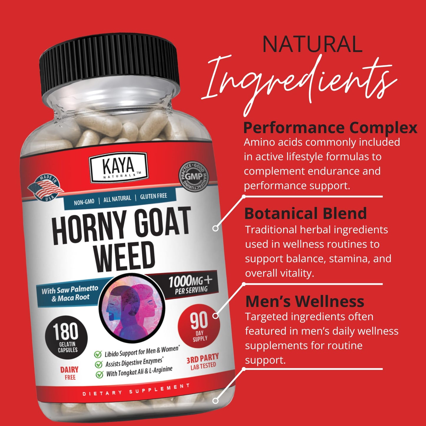 Kaya Naturals Horny Goat Weed Extract - Maca - Extra Strength Complex with Saw Palmetto Ginseng, Arginine Vitamin Supplement Capsule 180 Count