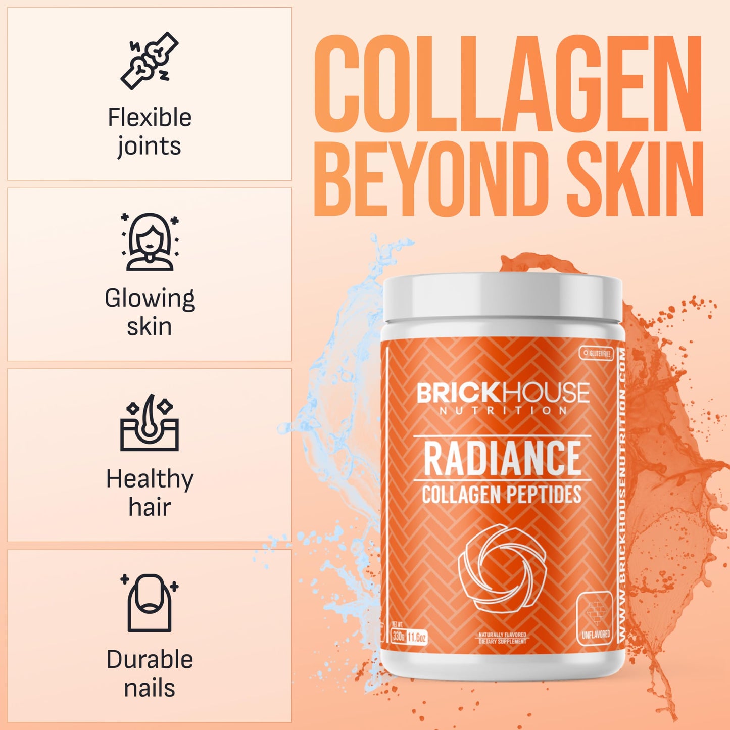 BRICKHOUSE NUTRITION Radiance Collagen Peptides Powder for Skin & Hair Growth - Unflavored, 12
