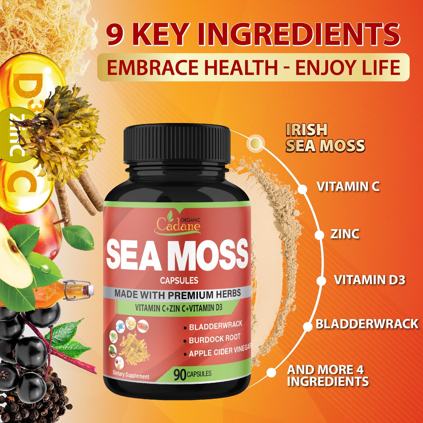Organic Cadane Irish Sea Moss Extract Capsules 9in1 with VitC, VitD, Bladderwrack, Burdock Root, Elderberry & More – Immune Support & Overall Health, 90 Capsules