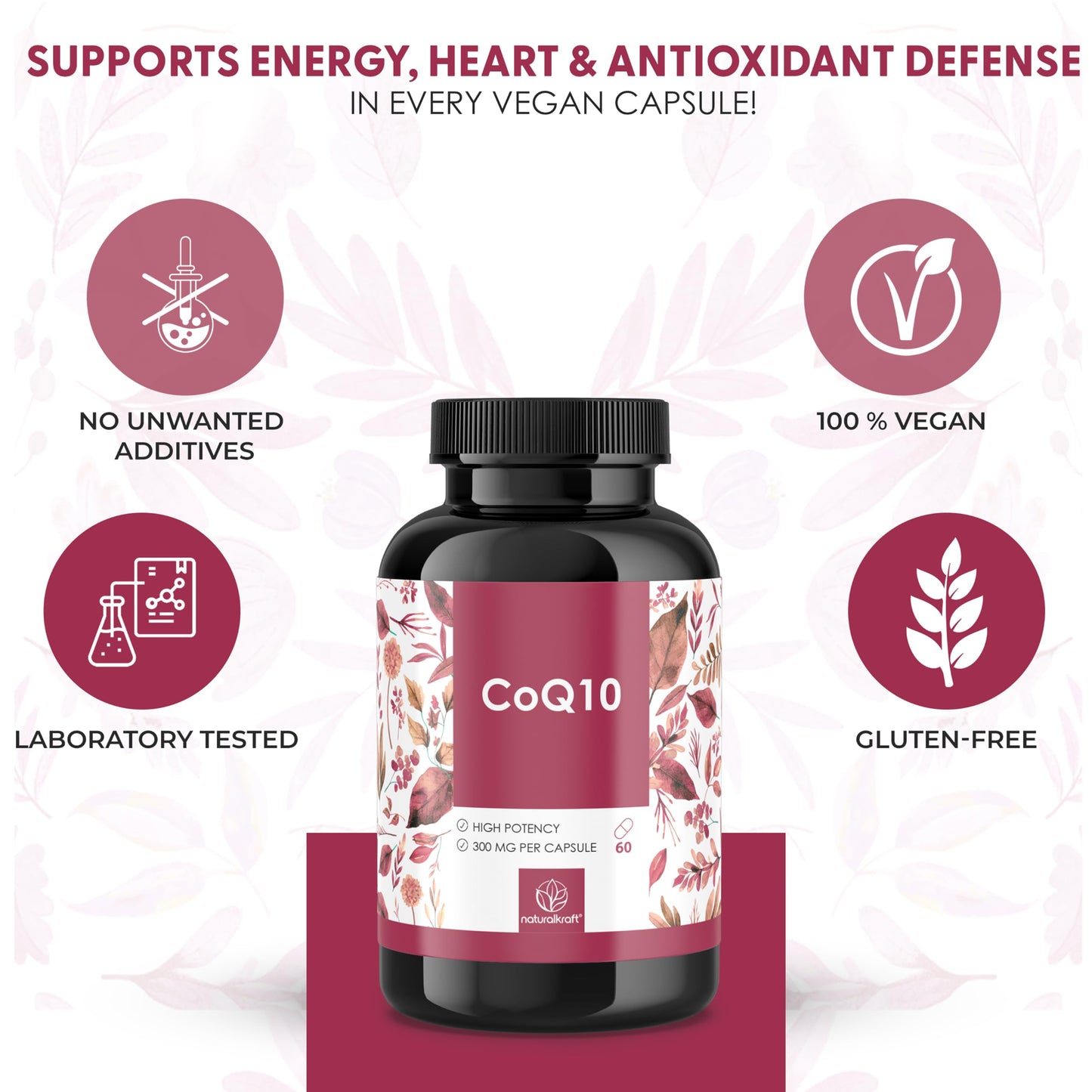 naturalkraft CoQ10 300 mg Capsules High Potency Coenzyme Q10 Supplement Supports Cellular Energy & Antioxidant Support, Vegan, Non-GMO, Gluten-Free Premium German Quality - 60 Capsules