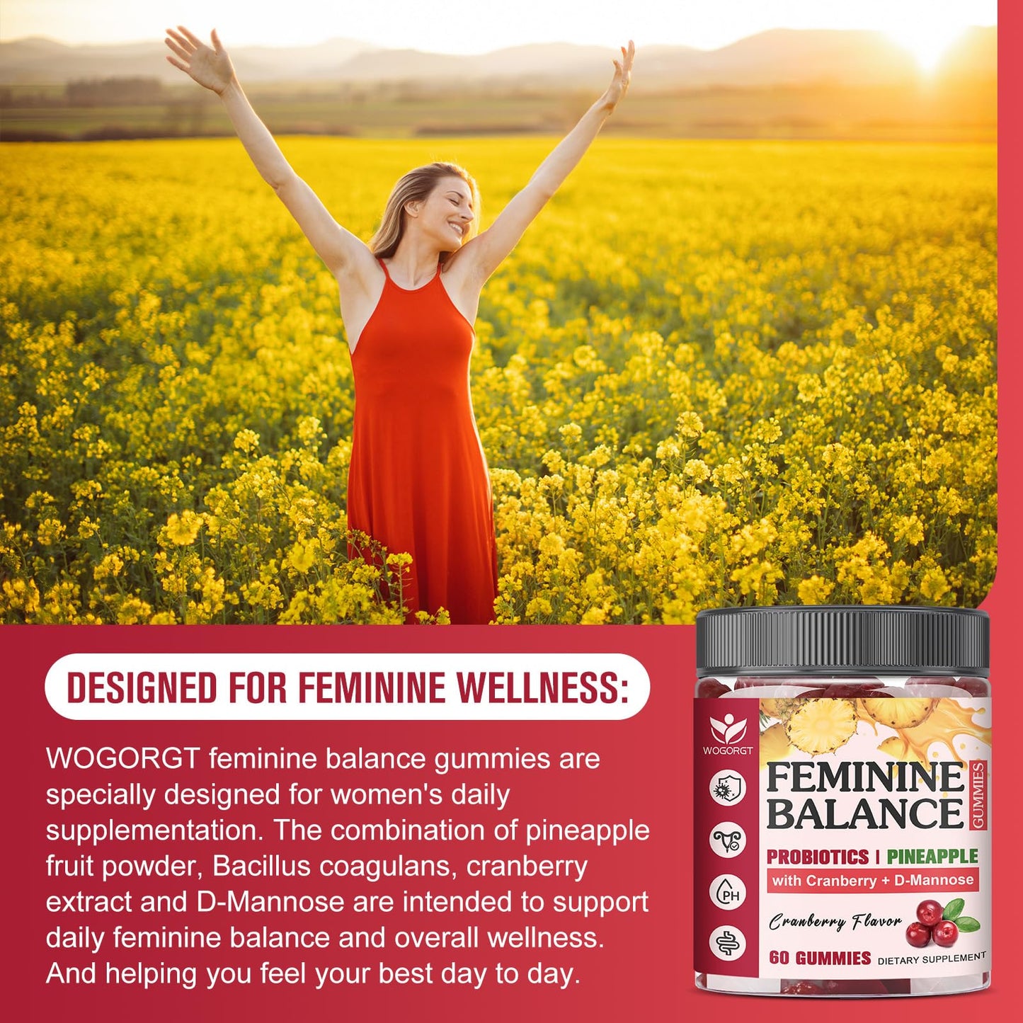 WOGORGT Feminine Balance Gummy for Women, pH Balance Support, Sugar Free, 60 Count