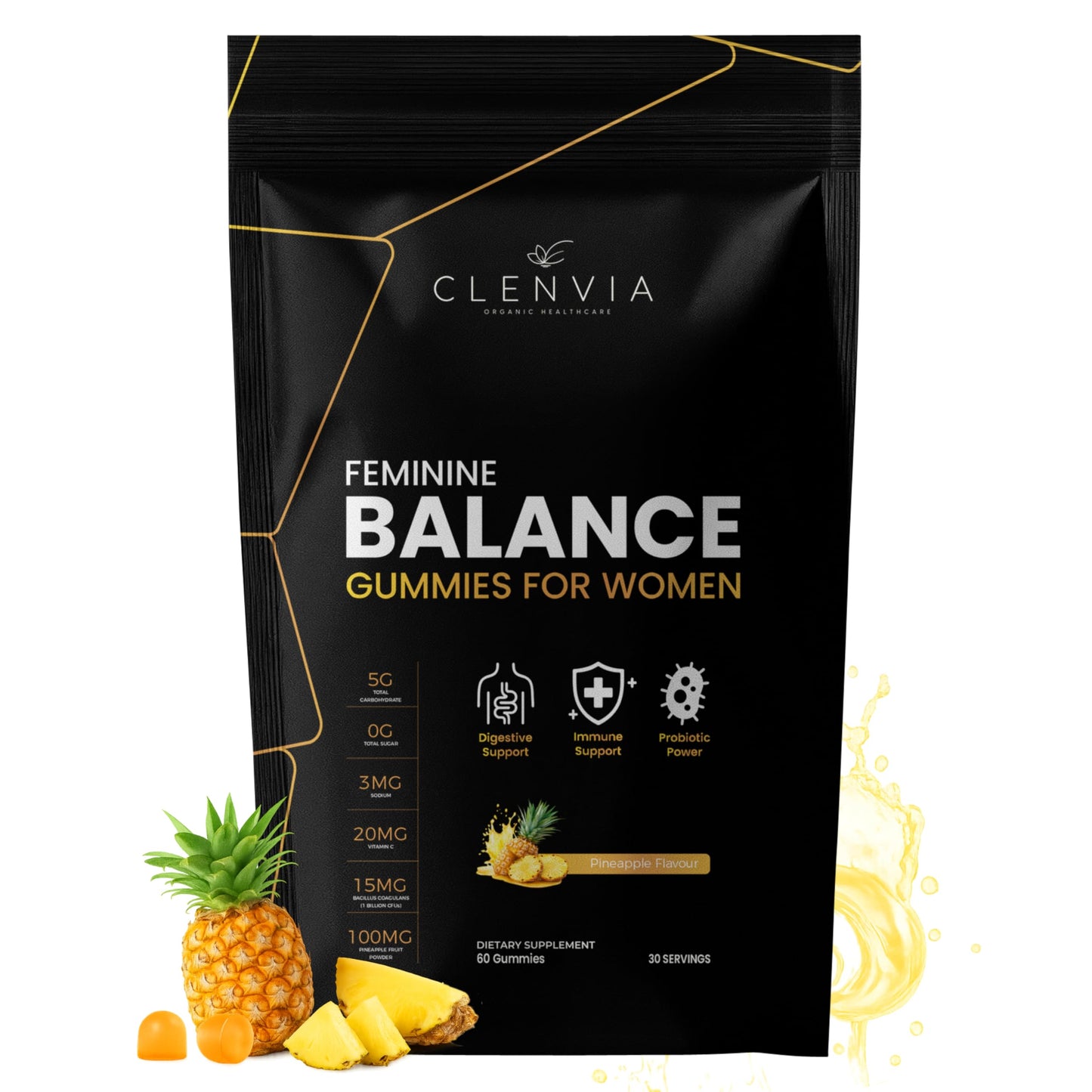CLENVIA Premium Feminine Balance Gummies for Women – Probiotic with Vitamin C – Pineapple Flavor, 60 Gummies