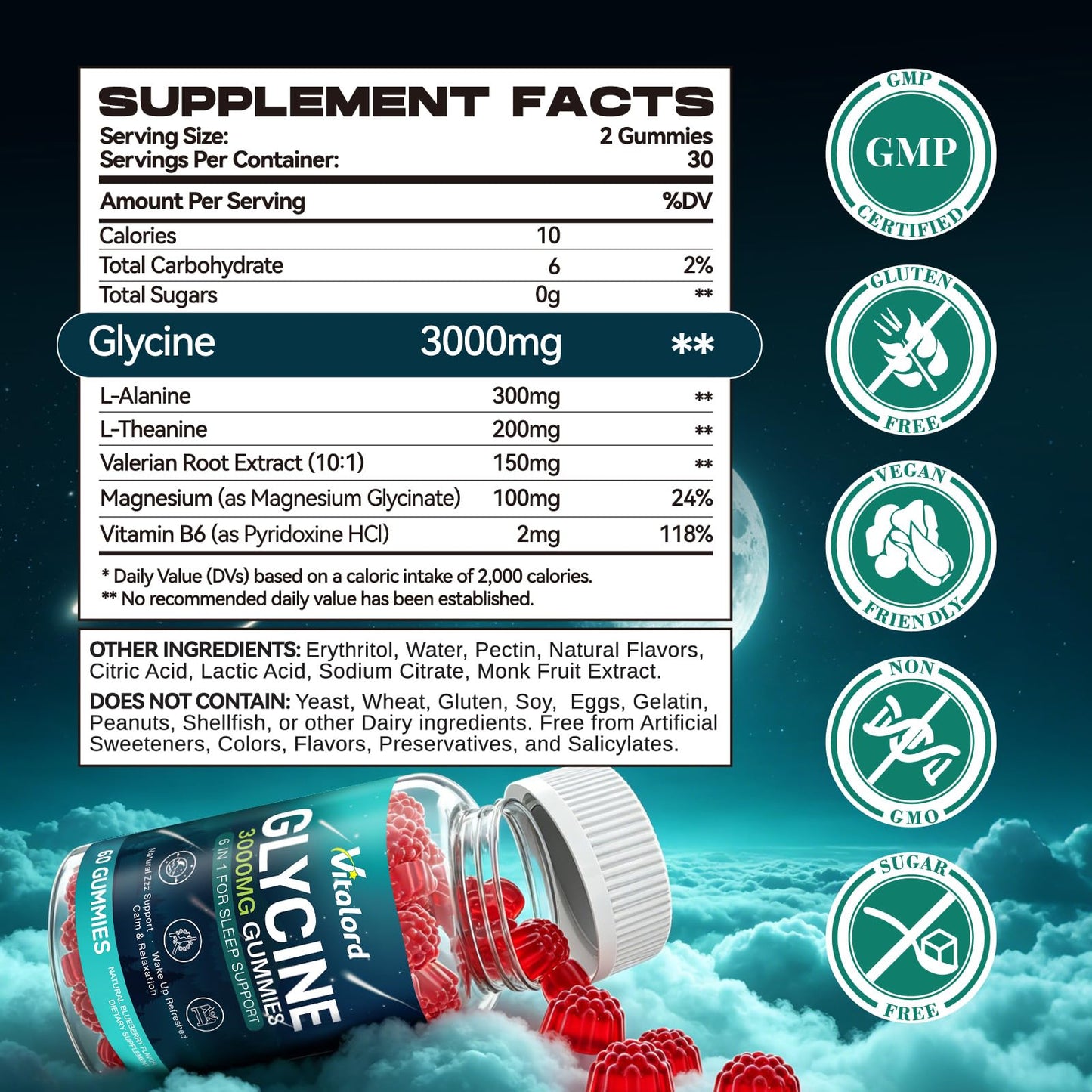 Vitalord Glycine Gummies Sugar Free, 60 Gummies