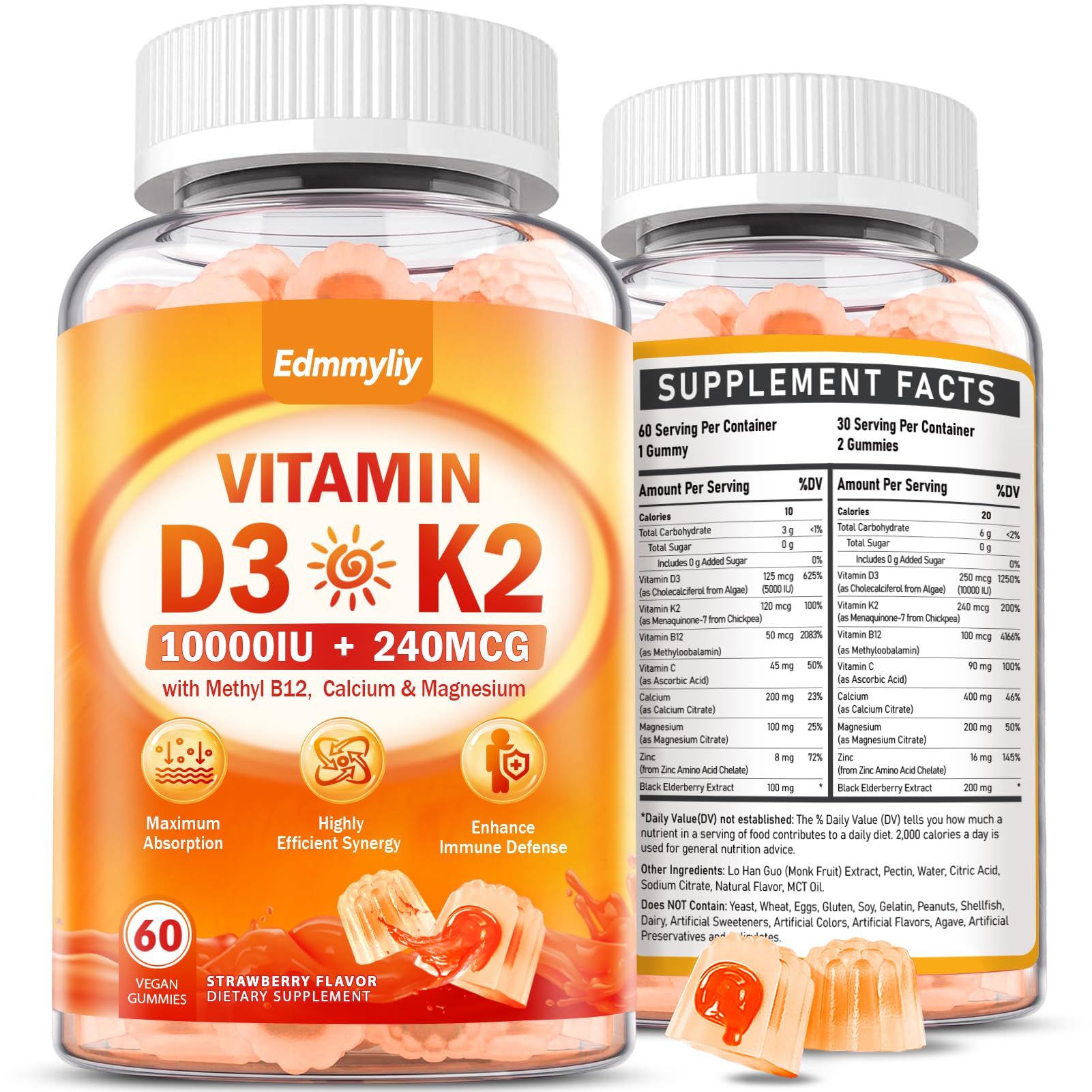 Edmmyliy Vitamin D3 Gummies 10000IU with K2, Methyl B12, Calcium, Magnesium, Zinc & Elderberry - Sugar-Free, Vegan, 120 Gummies