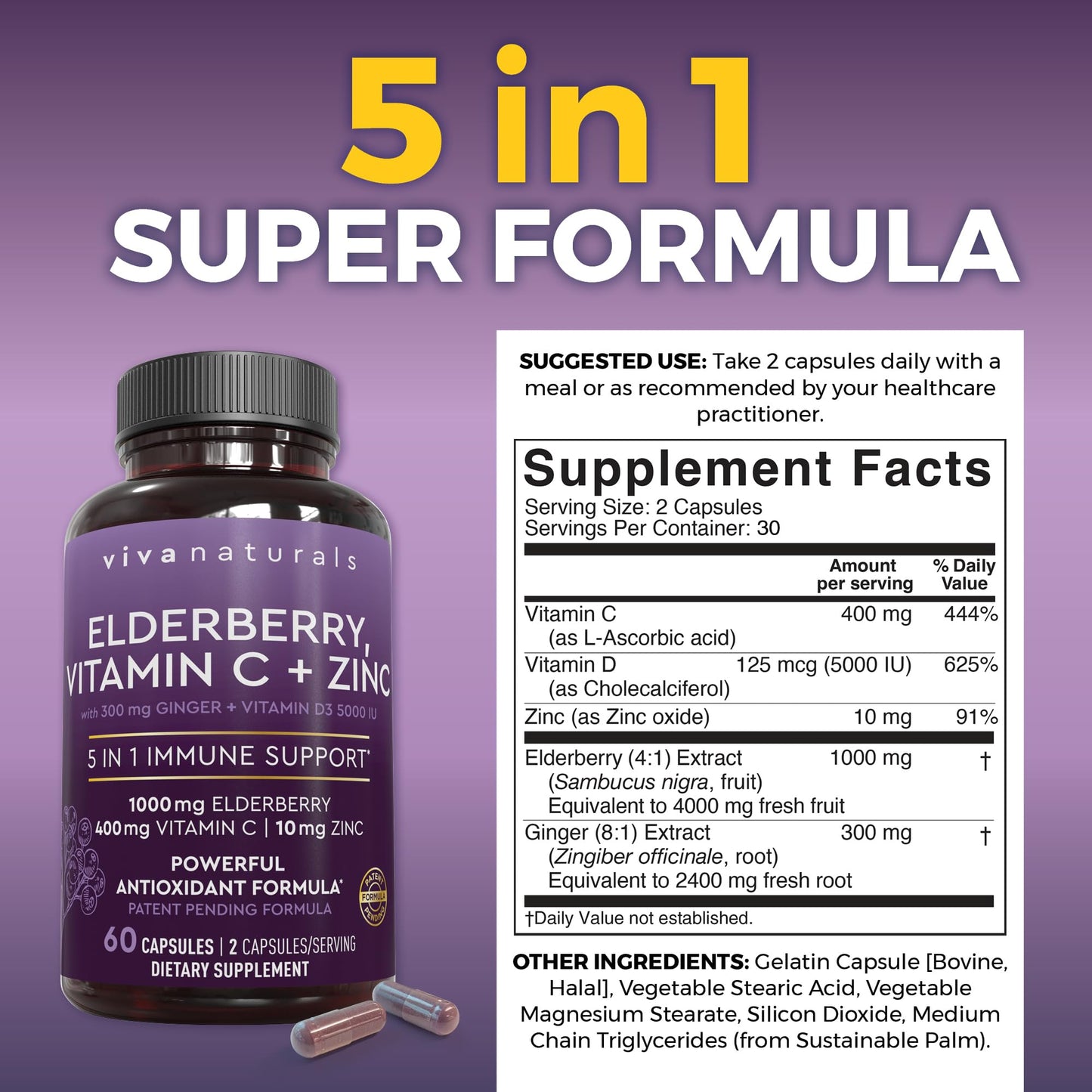 Viva Naturals Black Elderberry 1000mg with Vitamin C, D3 5000 IU & Zinc - 5-in-1 Immune Support Capsules, 60 Count