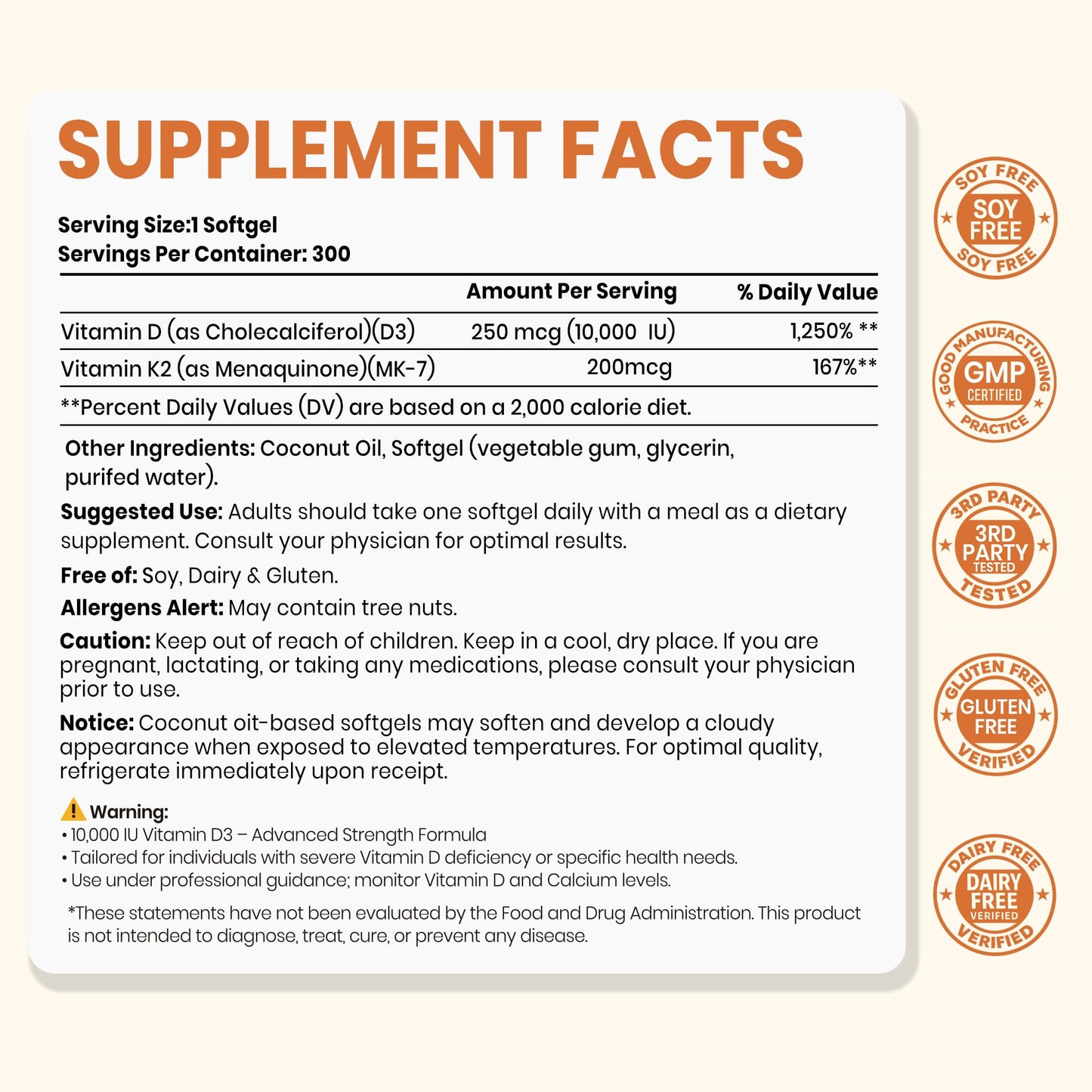 VEV Vitamin D3 K2 10,000 IU, 200 mcg MK-7, 300 Softgels