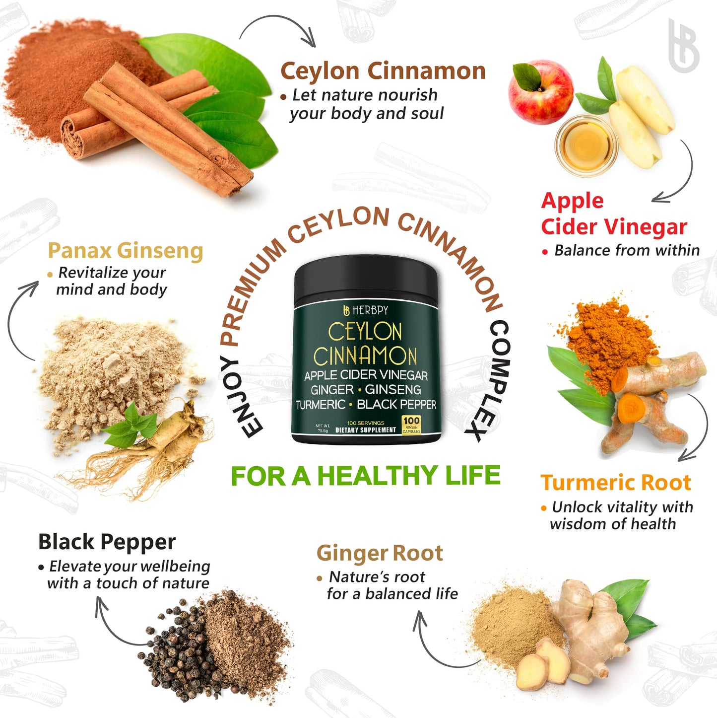 Herbpy 6in1 Premium Ceylon Cinnamon Supplement Plus Apple Cider Vinegar, Turmeric, Ginger, Ginseng Capsules 100 Count