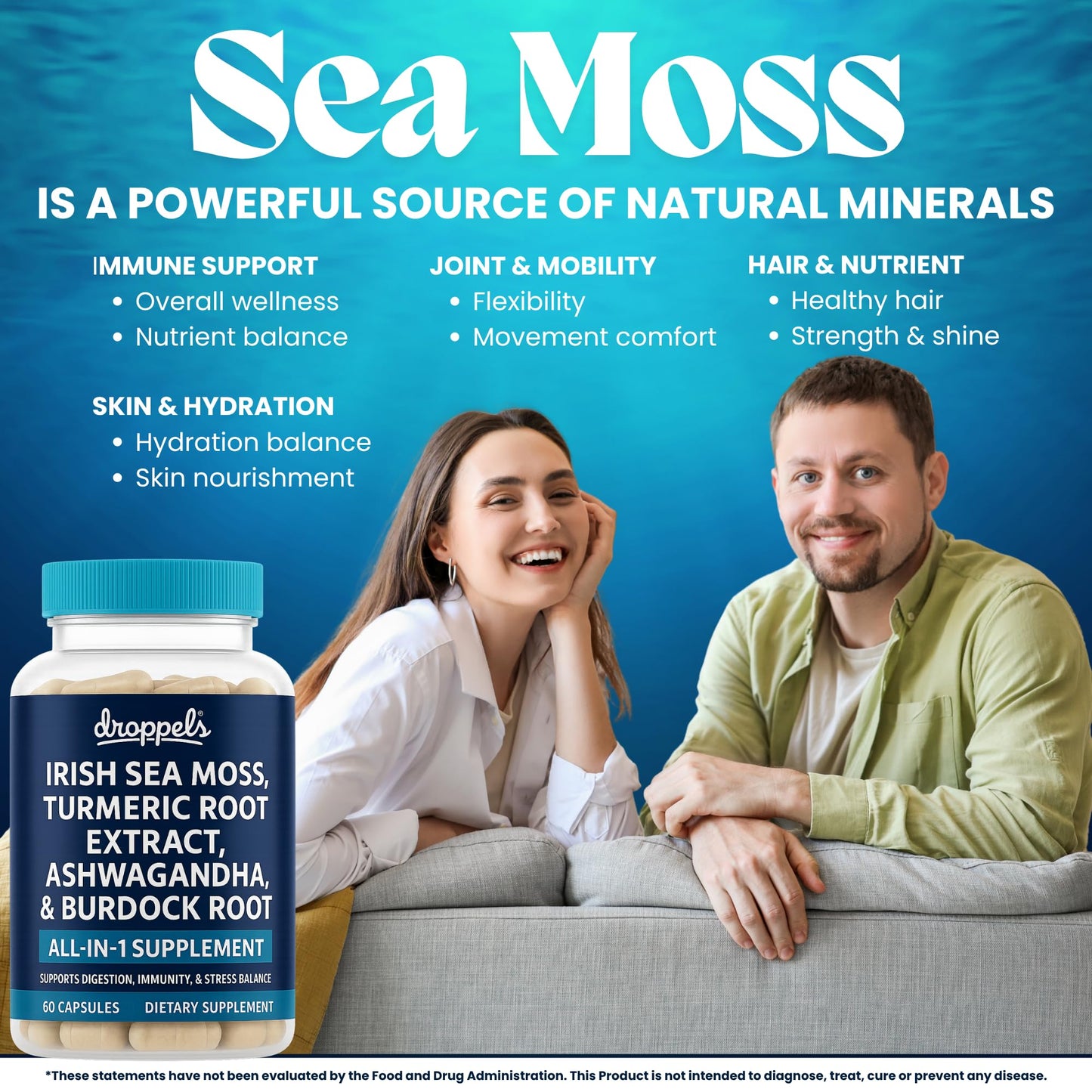 Droppels Irish Sea Moss Capsules with Turmeric, Ashwagandha, Black Pepper & Burdock Root – Natural Mineral Blend – Vegan, Non-GMO, 60 Capsules