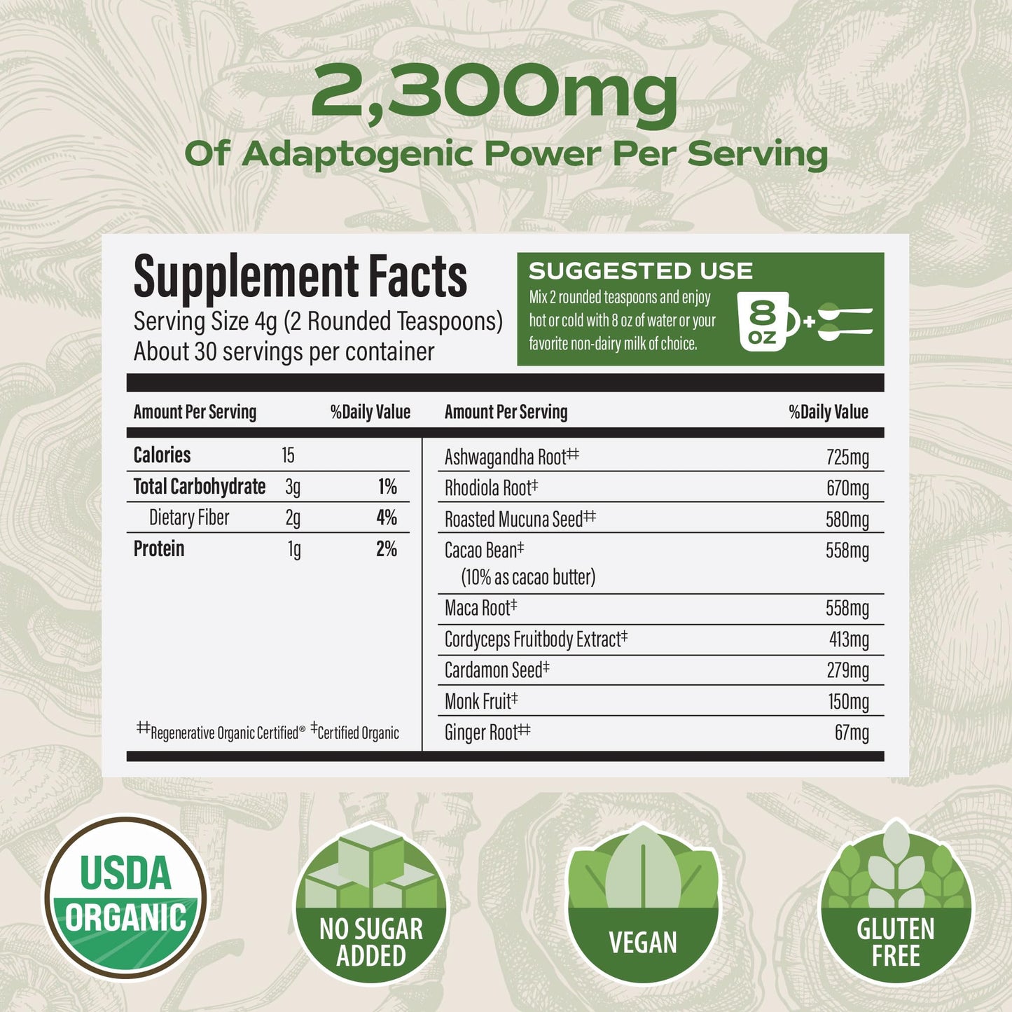 kokora Adapt & Thrive Organic Adaptogenic Mushroom Powder with Ashwagandha and Cordyceps, 4.23 Ounce
