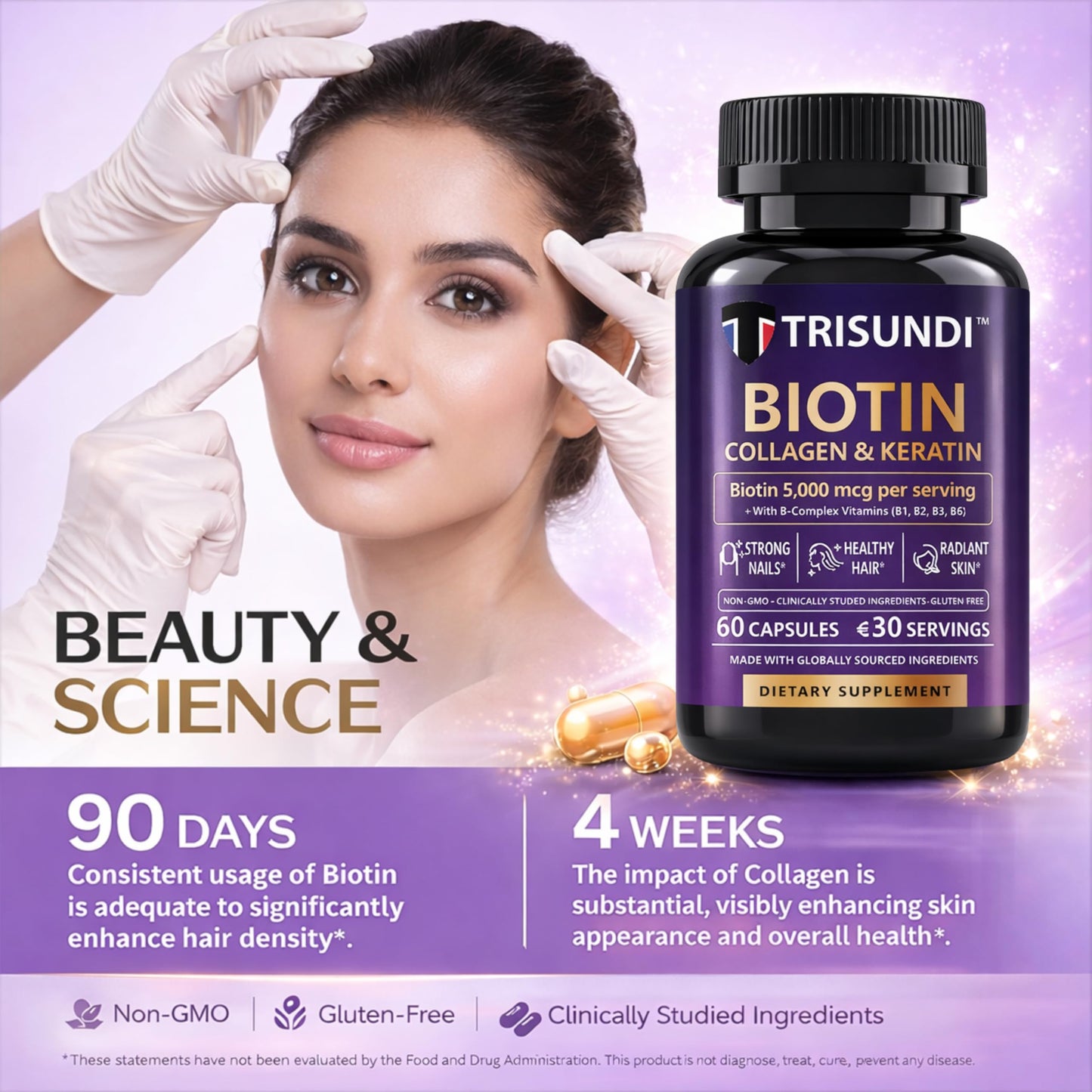 Trisundi Biotin 5000 mcg Capsules with Collagen & Keratin, B-Complex Vitamins B1 B2 B3 B5 B6 B12, Hair Skin Nail Support Formula, 60 Capsules