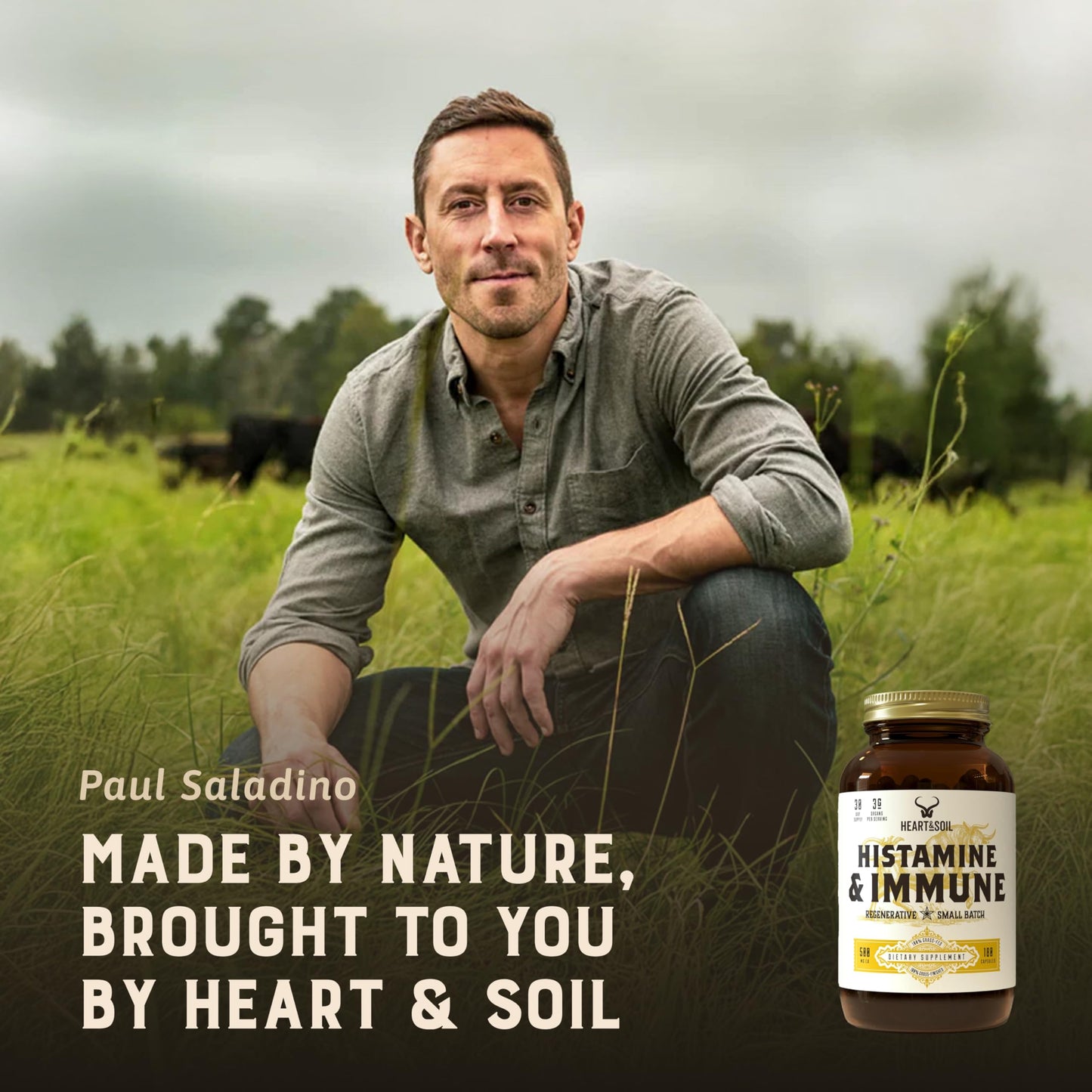 HEART & SOIL 100% Grass Fed & Finished Histamine & Immune Support Supplement from Regenerative Cattle with Thymus, Lung, Spleen, Liver, & Kidney, 180 Capsules