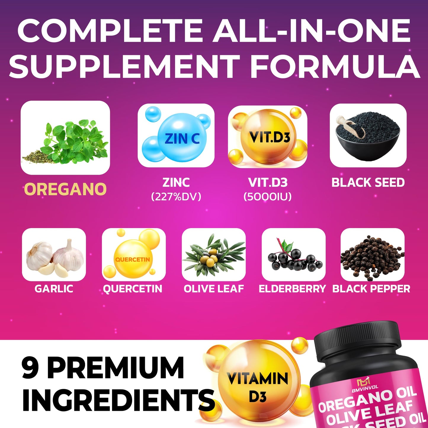 BMVINVOL Oregano, Black Seed, Garlic Bulb, Quercetin, Olive Leaf, Elderberry, Black Pepper Capsules, 100 Count