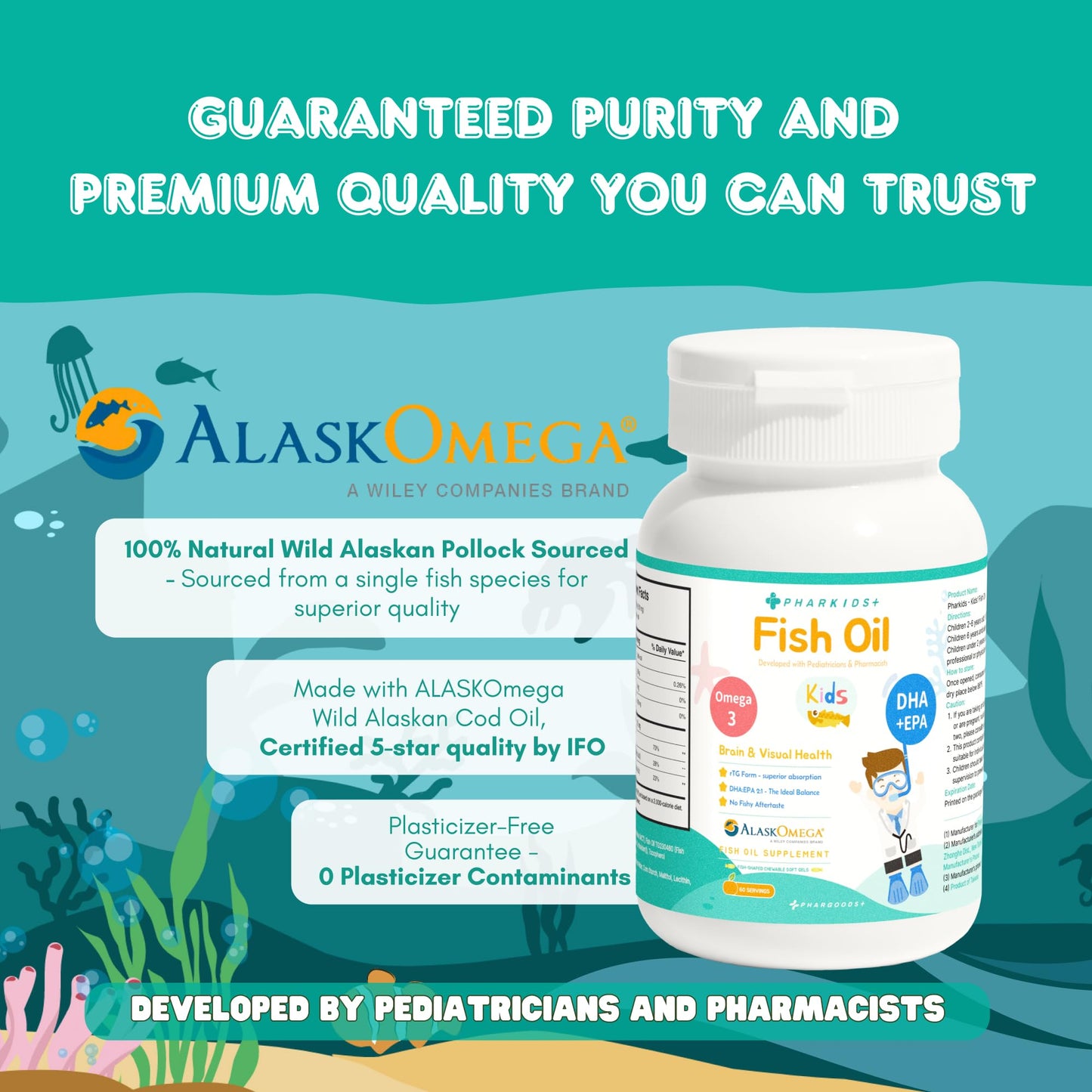 PHARGOODS+ Kids' Fish Oil 272mg Omega-3 DHA & EPA for Brain, Vision & Immune Support Orange Flavor Fish-Shaped Soft Gels, 60 Servings