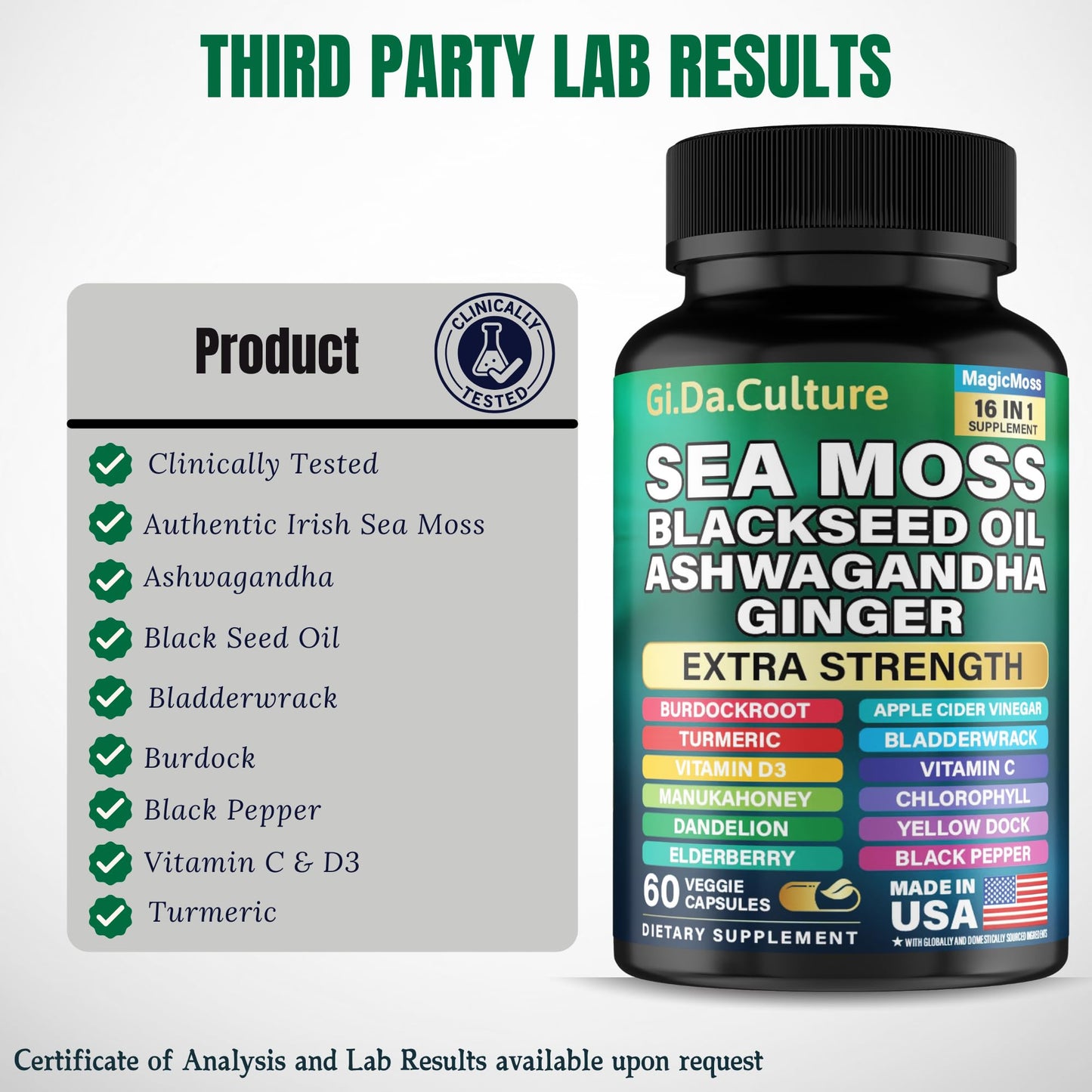 Gi.Da.Culture Organic Sea Moss Capsules - Organic Irish Sea Moss Black Seed Oil Ashwagandha Ginger Burdock Root Bladderwrack Turmeric Black Pepper Vitamin C, D3, 60 Veggie Capsules