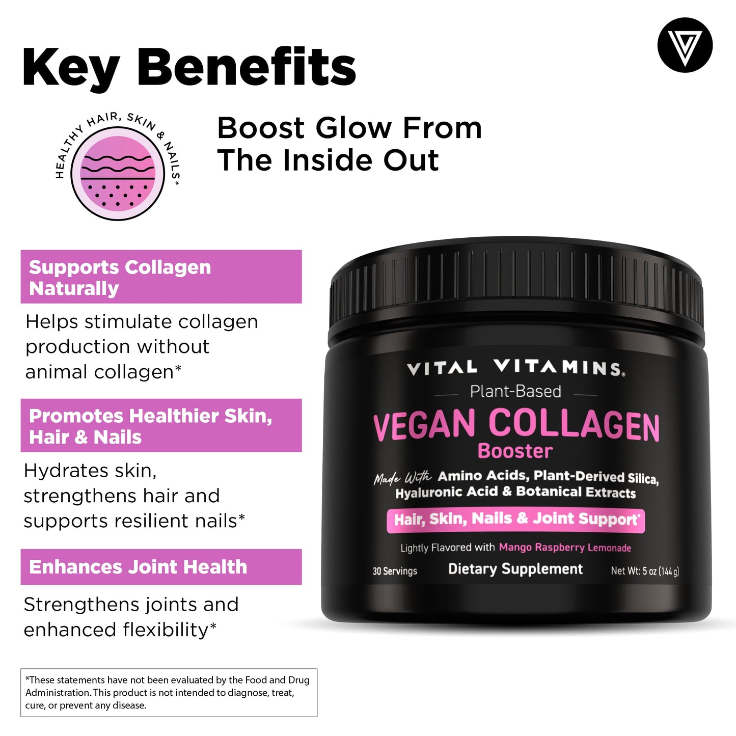 Vital Vitamins Vegan Collagen Booster Powder with Amino Acids & Vitamin C, 5 Ounce