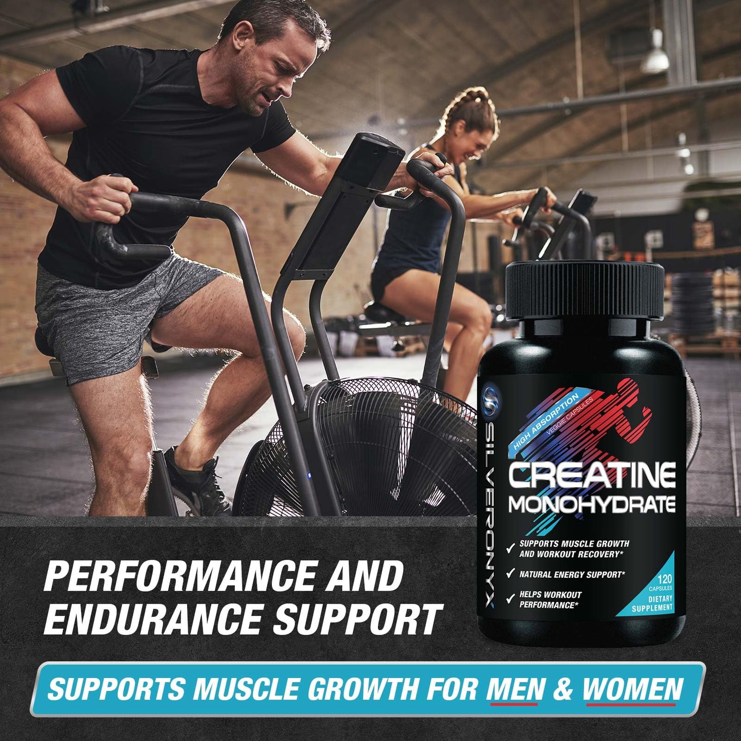 SILVERONYX Creatine Monohydrate 3000mg Capsules, 120 Count
