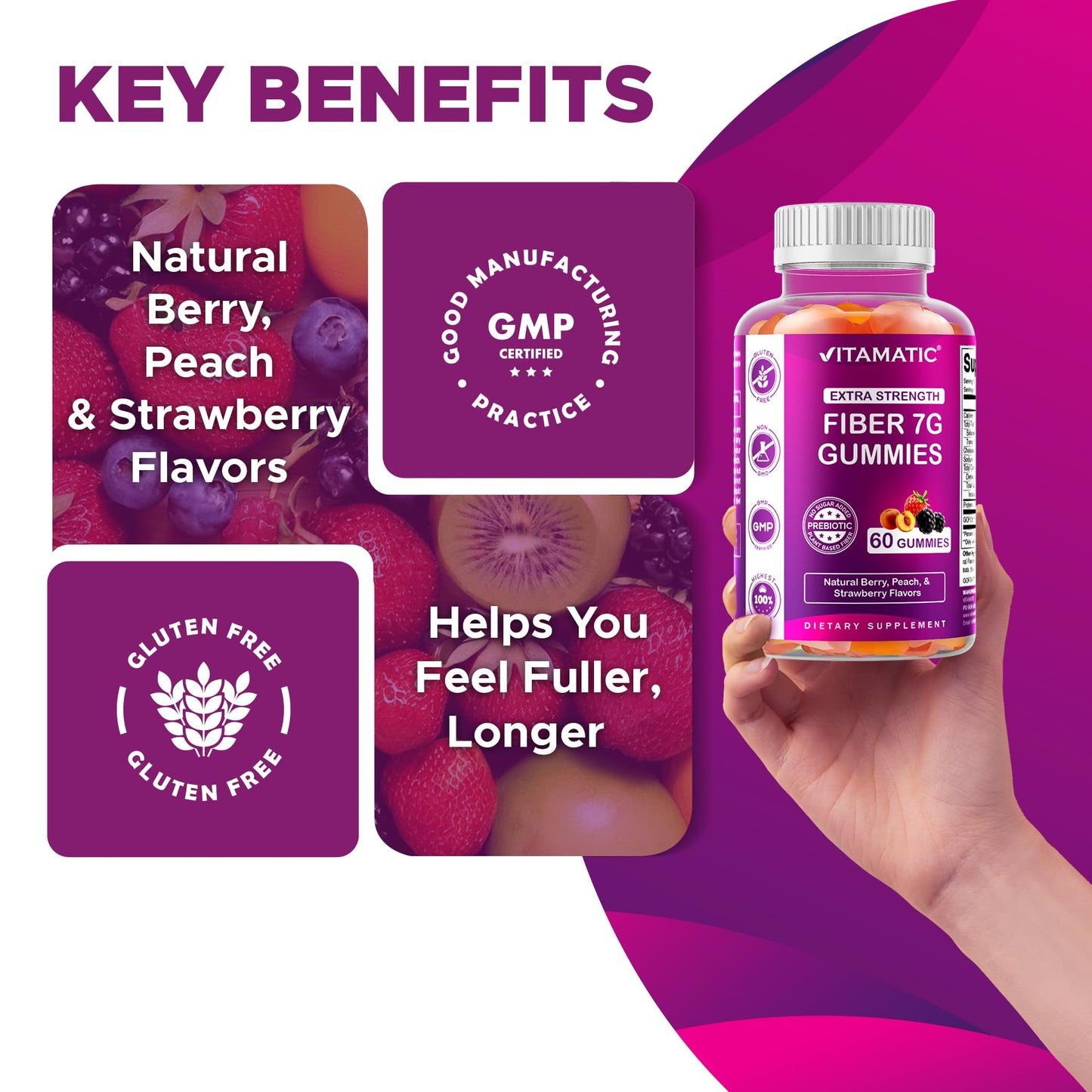 Vitamatic Prebiotic Fiber Gummies for Adults, 240 Gummies