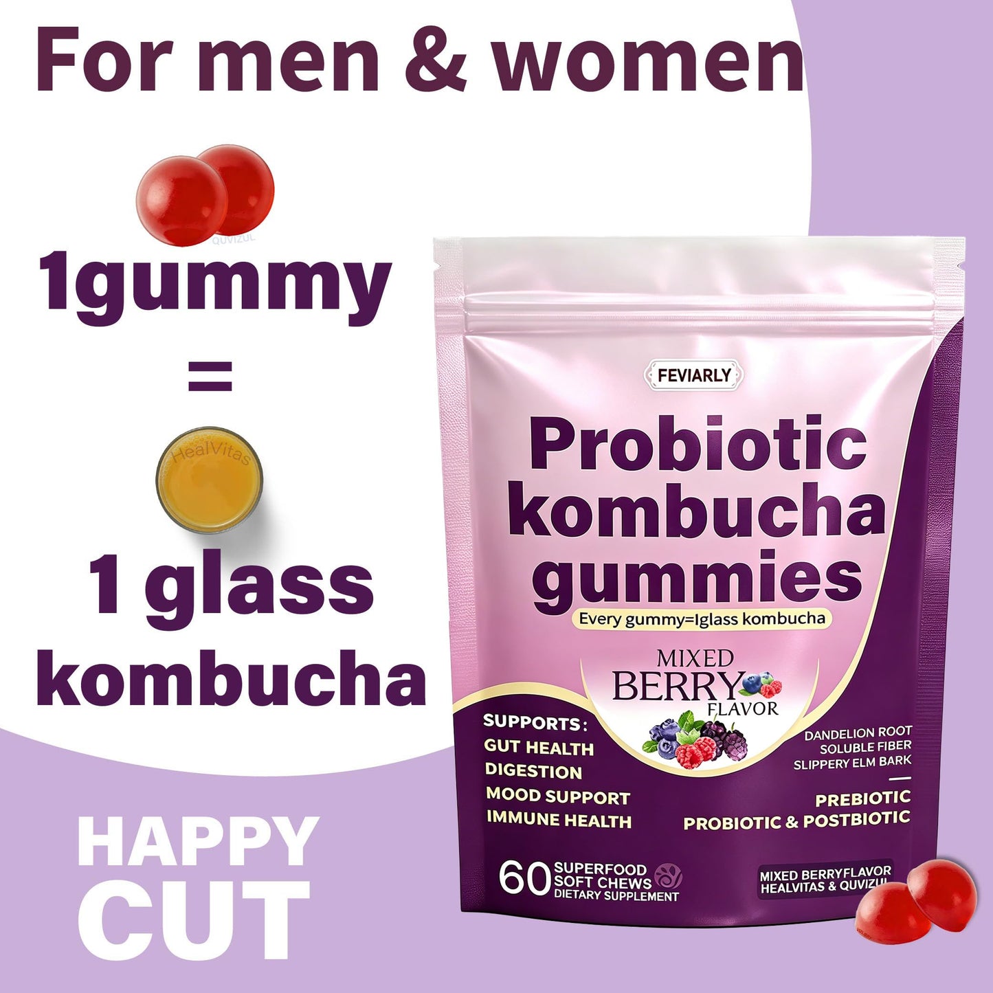 Feviarly Probiotic Kombucha Gummy Chewing sugar, Probiotic for Men and Women, with Prebiotic Probiotic and Postbiotic, Dandelion Root, Slippery Elm Bark, Supports Gut and Digestive Health, 7